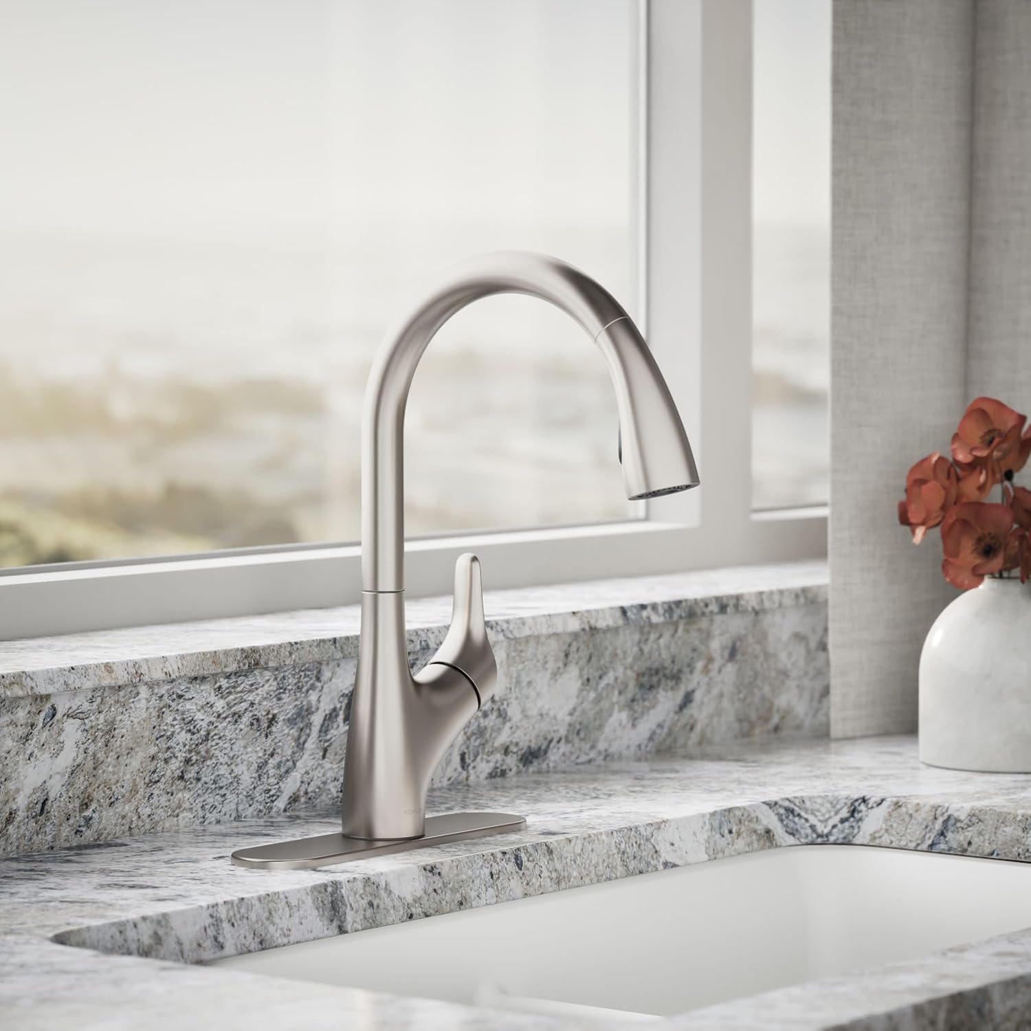 KOHLER 30469-VS Rival Single Handle Pull-Down Kitchen Faucet, Kitchen Sink Faucet with Pull-Down Sprayer, Vibrant Stainless