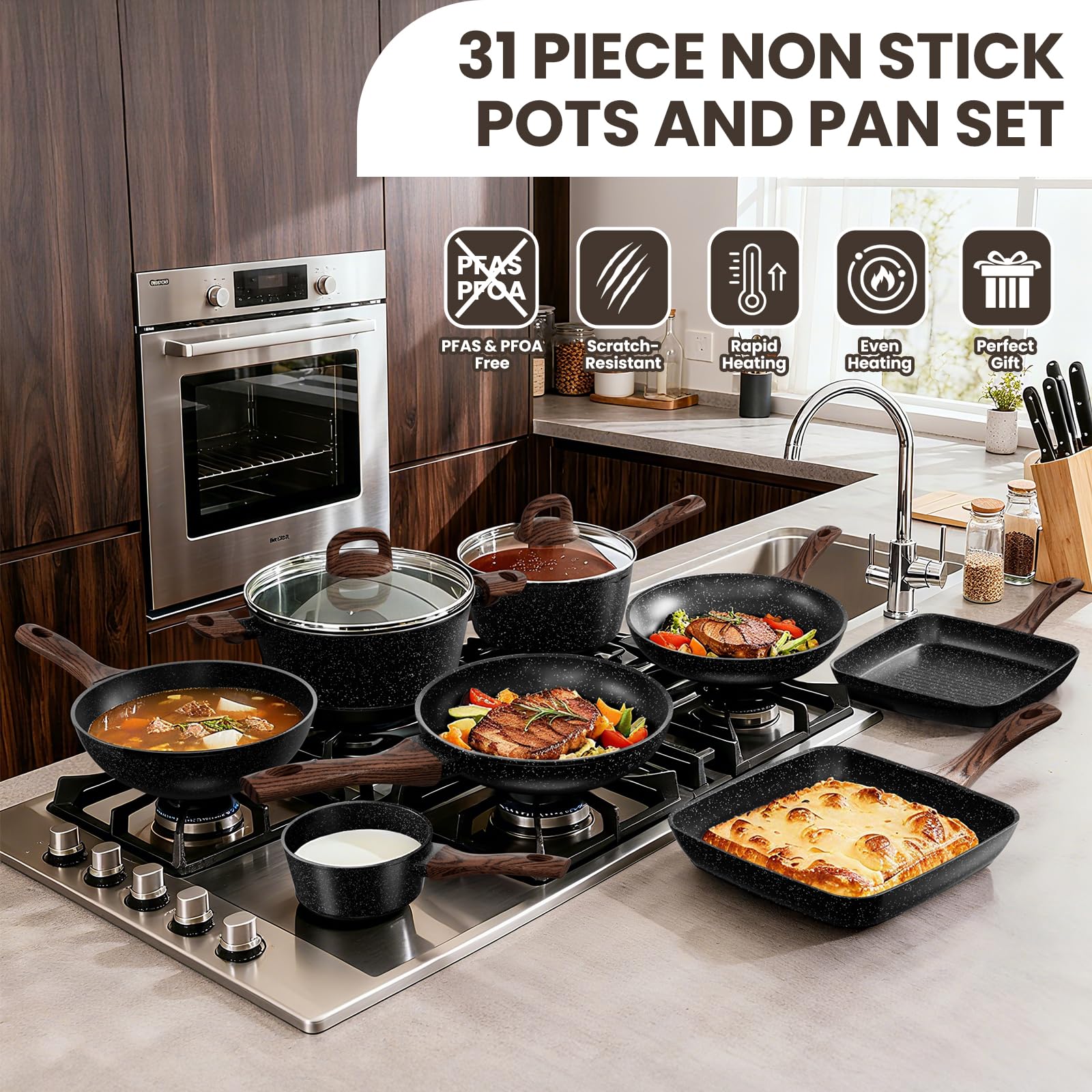 UMITE CHEF Non-Stick Pots and Pans Set, 31 Piece Induction Cookware