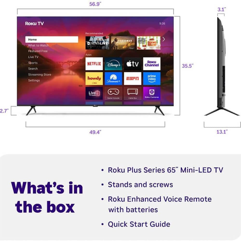 Roku 65R6C7KIT1 65 inch Class Plus Series 4K QLED Mini LED Smart TV Dolby Vision HDR10+ 120Hz WiFi Voice Remote HDMI C