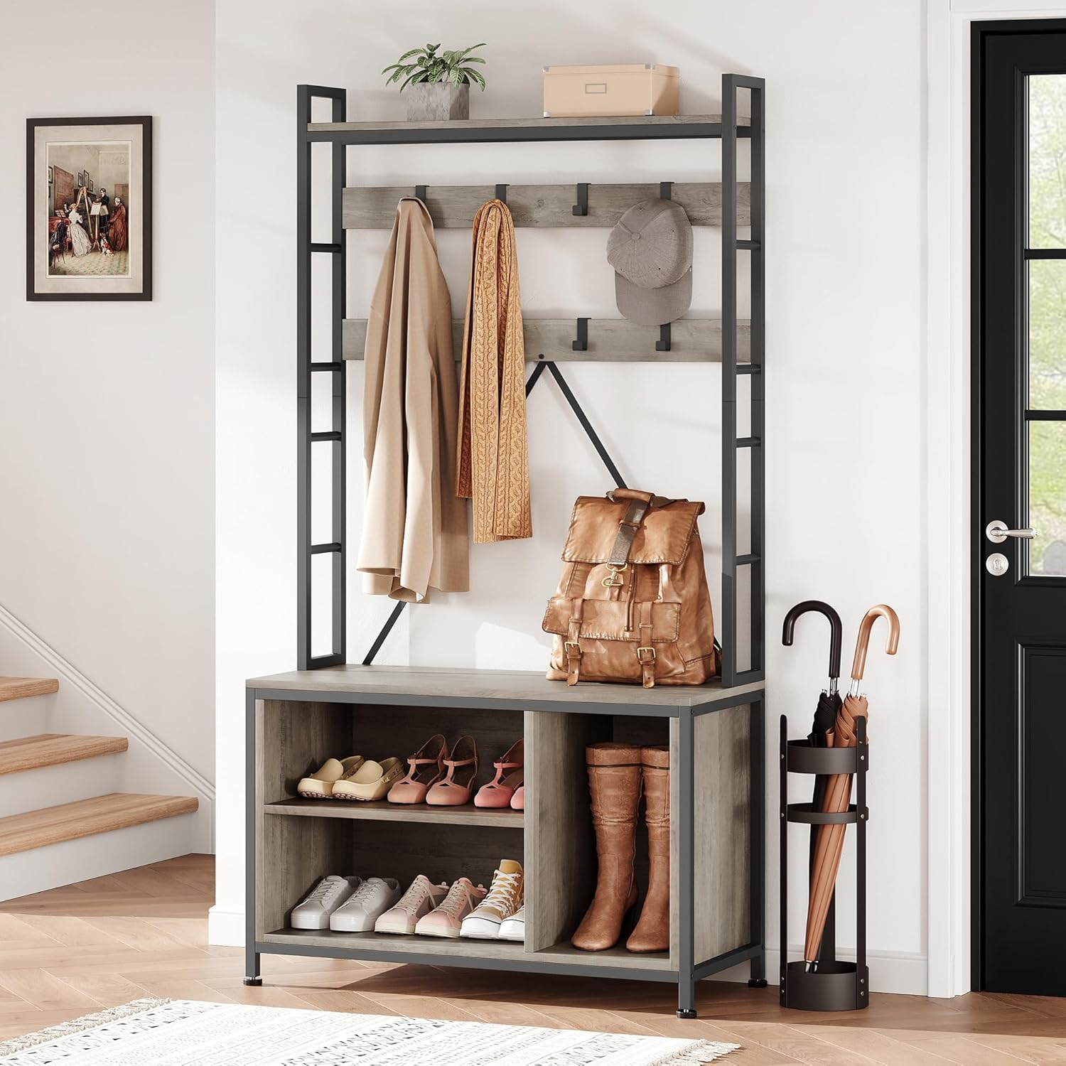 IDEALHOUSE Hall Tree with Bench Coat Rack Shoe Bench Industrial Coat Tree with Storage Cubbies Entryway Coat Rack with Shoe Storage