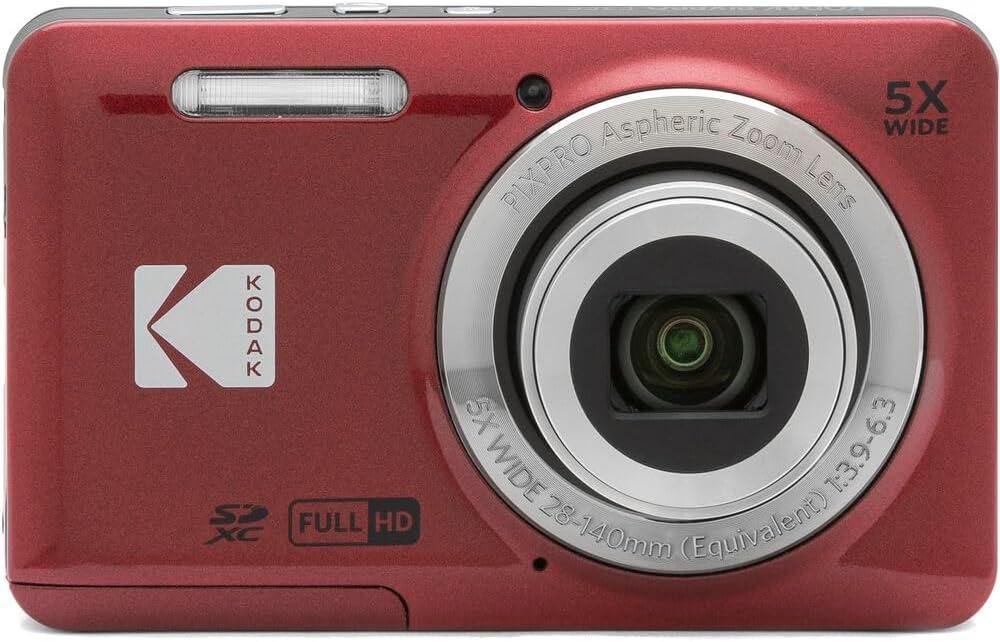 Kodak PIXPRO FZ55 Digital Camera, 16MP Compact Point & Shoot, 5X Optical Zoom, 28mm Wide Angle Lens, 1080P Full HD Video, Red + Camera Case & 32GB SD Card