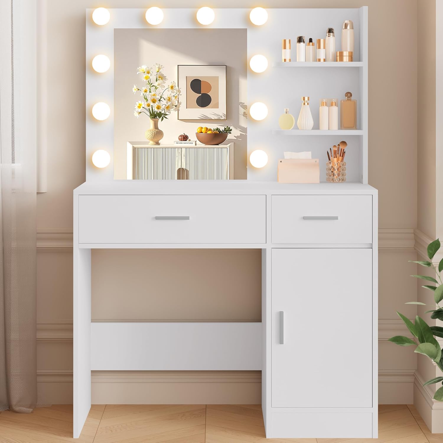 LIVELYGLOW White Makeup Vanity with 10 Hollywood Light Bulbs, 35.4
