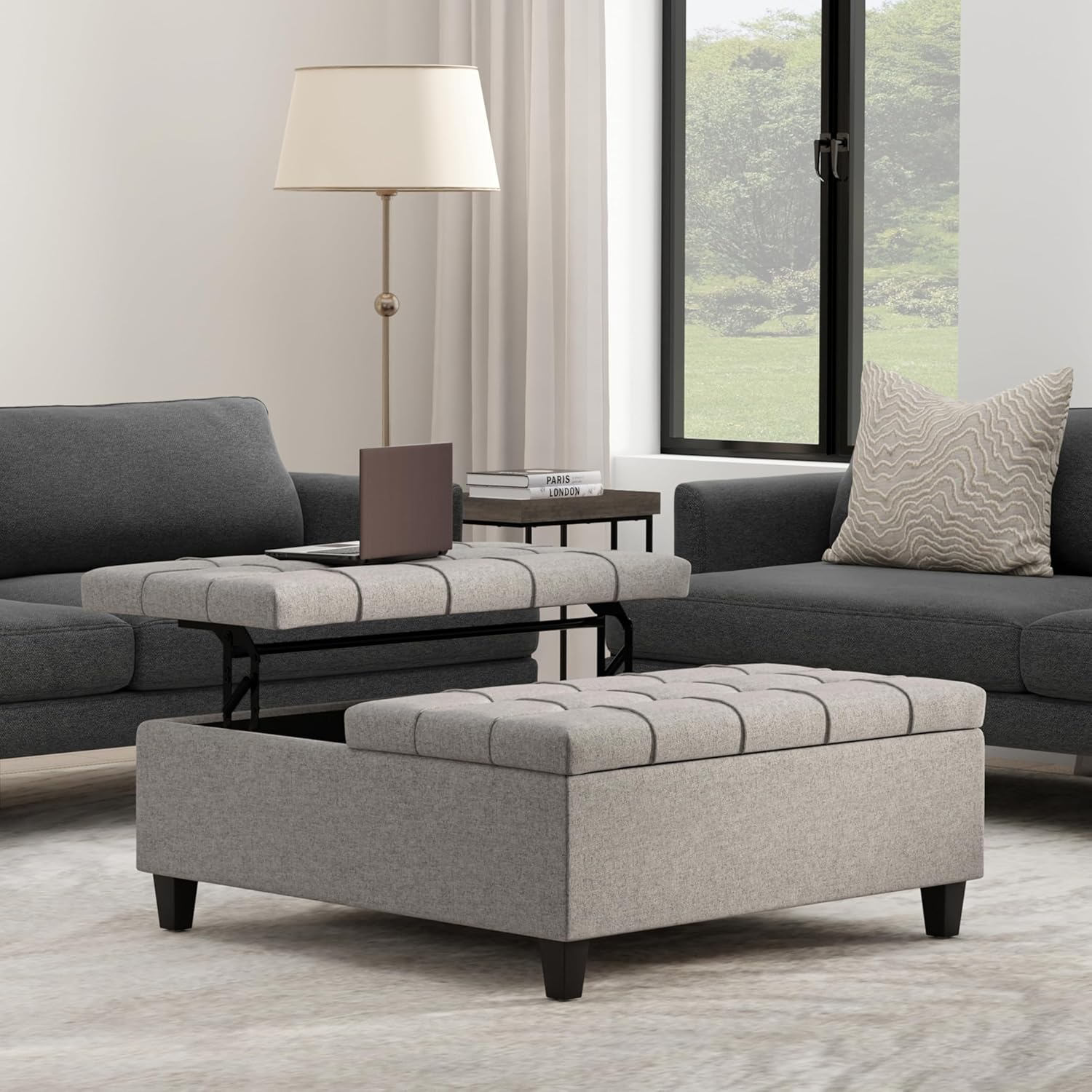 SIMPLIHOME Harrison Large Coffee Table Storage Ottoman - 40 inch Wide Upholstered Linen Look Fabric Square Lift-Top Ottoman in Cloud Grey, Transitional Bench for Living Room with Sturdy Base