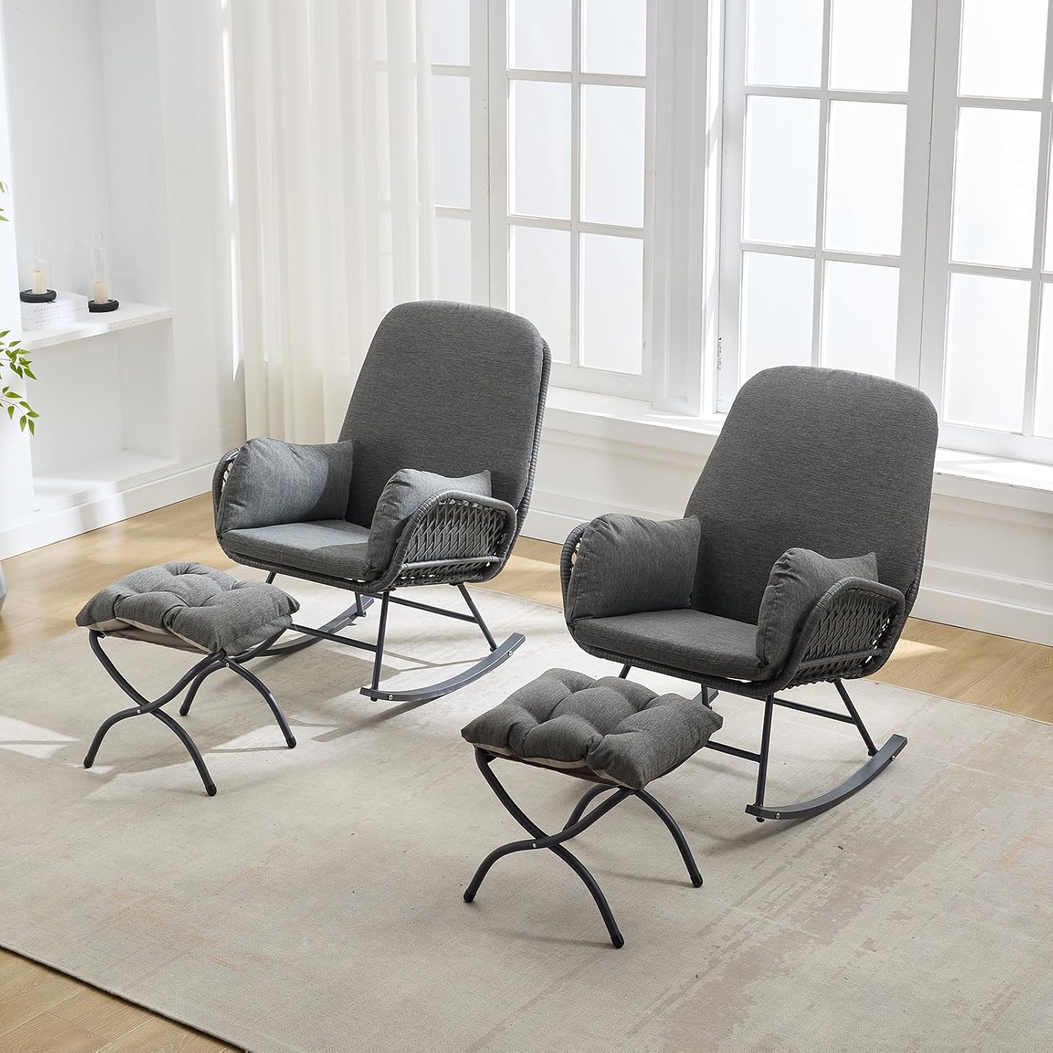 YDcosyfy Outdoor Patio Rocking Chair with Ottoman Set of 2,Glider Rocking Chair with Grey Cushion,Metal Frame and Wicker Back,Indoor/Outdoor Use,Grey