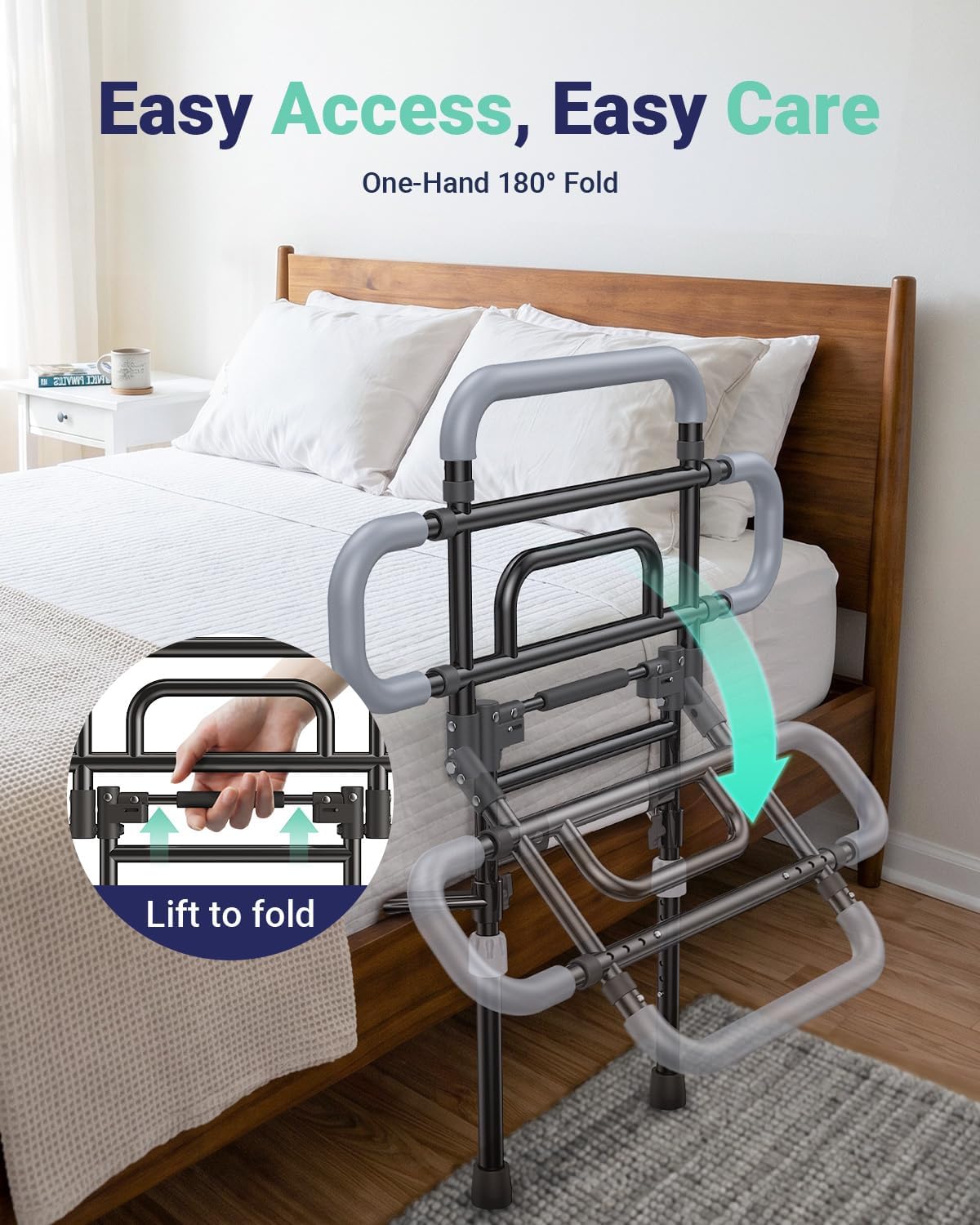 Bed Rails for Elderly Adults Safety, 180° Foldable Bed Rail with Adjustable Height & Width, 350lb Load, Extra-High Design, Wide Base, LED Light & Storage Pockets – Fits King/Queen/Full/Twin Beds