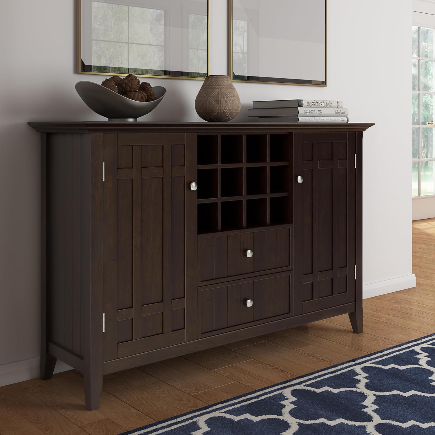 SIMPLIHOME Bedford Buffet - 54 inch Wide Solid Wood 3-Door Sideboard Buffet with Wine Rack in Dark Chestnut Brown, Transitional Cabinet for Dining Room or Kitchen with Adjustable Shelves