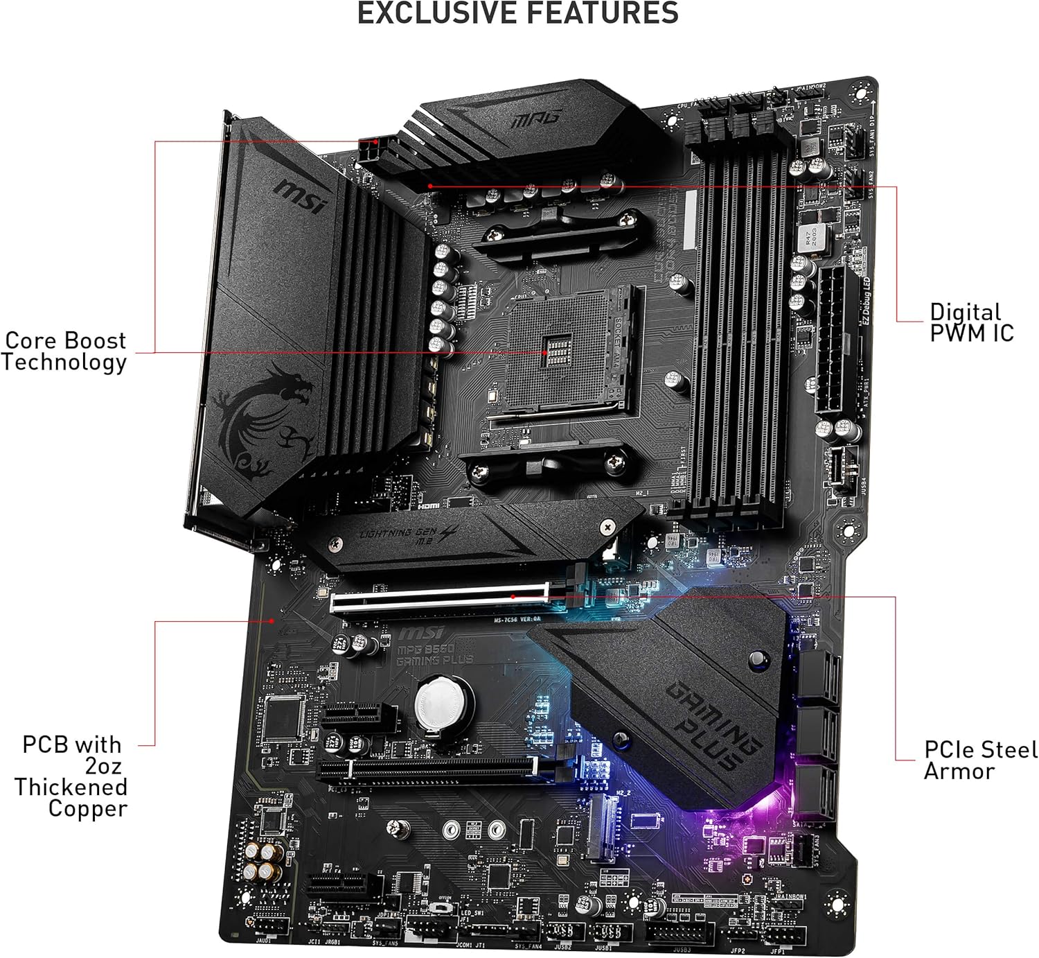 MSI MPG B550 Gaming Plus Gaming Motherboard (AMD Ryzen 5000, AM4, DDR4, PCIe 4.0, SATA 6Gb/s, M.2, USB 3.2 Gen 2, HDMI/DP, ATX)