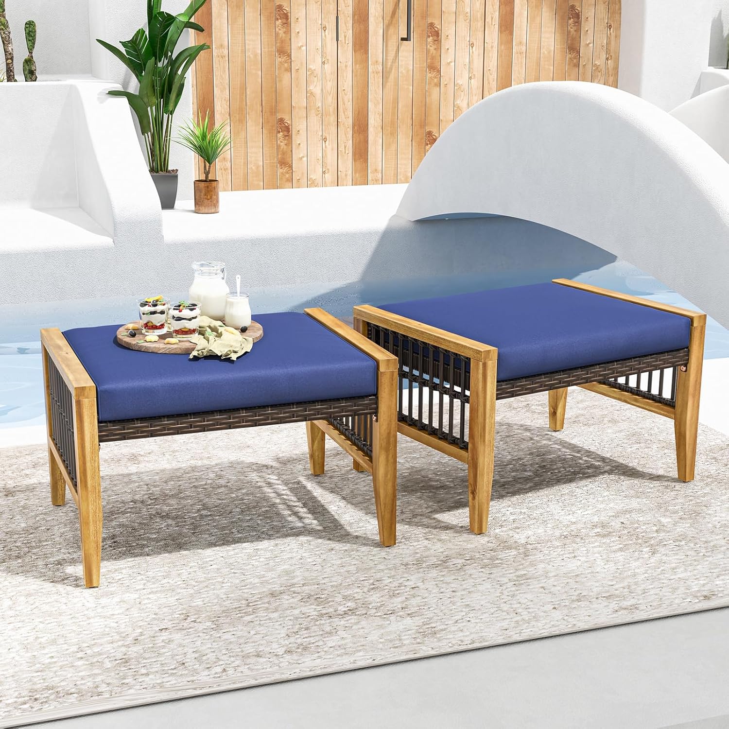 Tangkula Set of 2 Outdoor Ottomans, Patio Acacia Wood Ottomans with Cushions, Versatile Rattan Woven Footstools, Wicker Footrest Extra Seating for Backyard, Poolside, Porch
