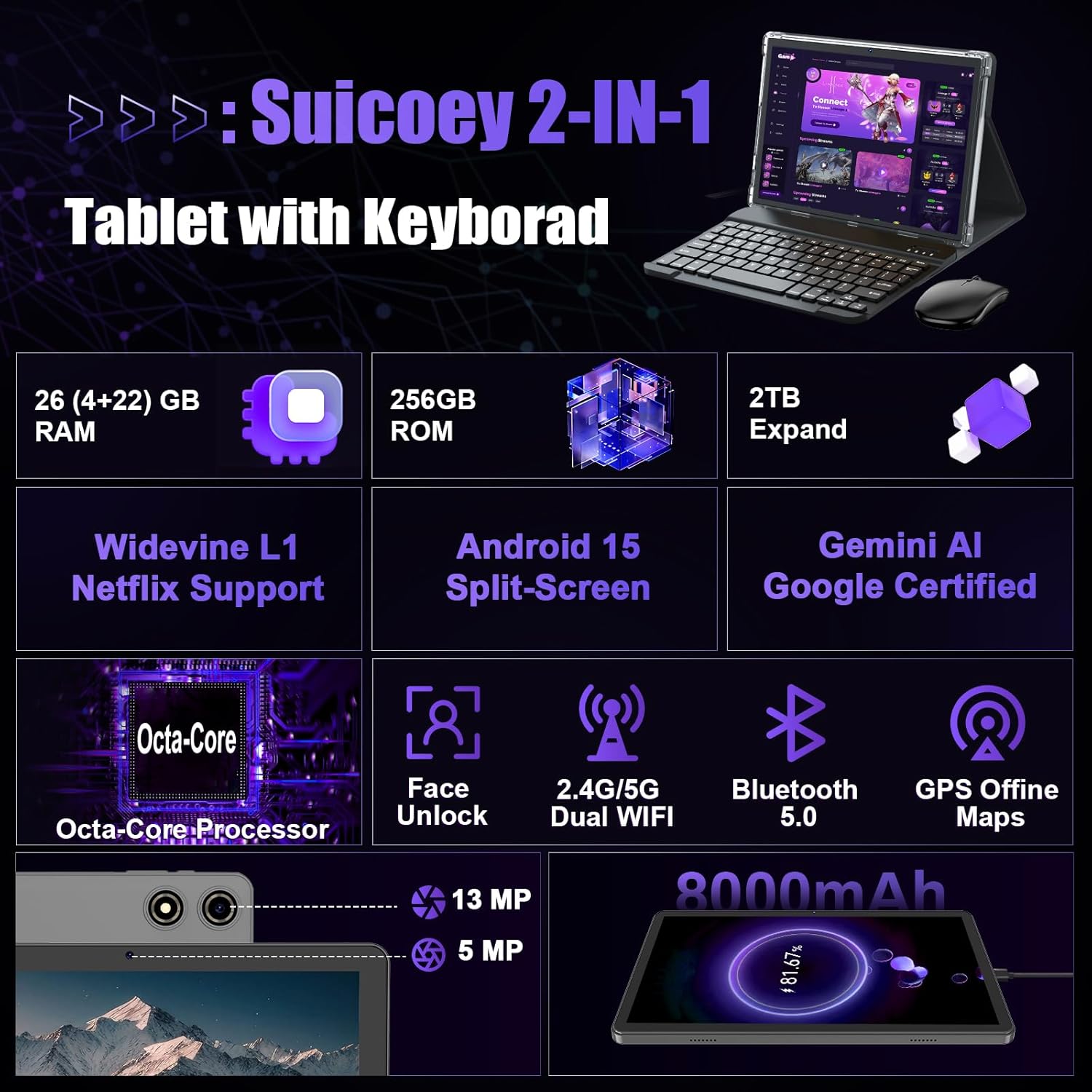 Android tablet 10 inch, 2026 Android 15 Tablet with Keyboard, 26GB+256GB (2TB Expand), Gemini AI Tablet with 8-Core, 8000mAh, 5G WiFi, Widevine L1, 2 in 1 Tablets PC with Case/Mouse/Stylus-Black Case