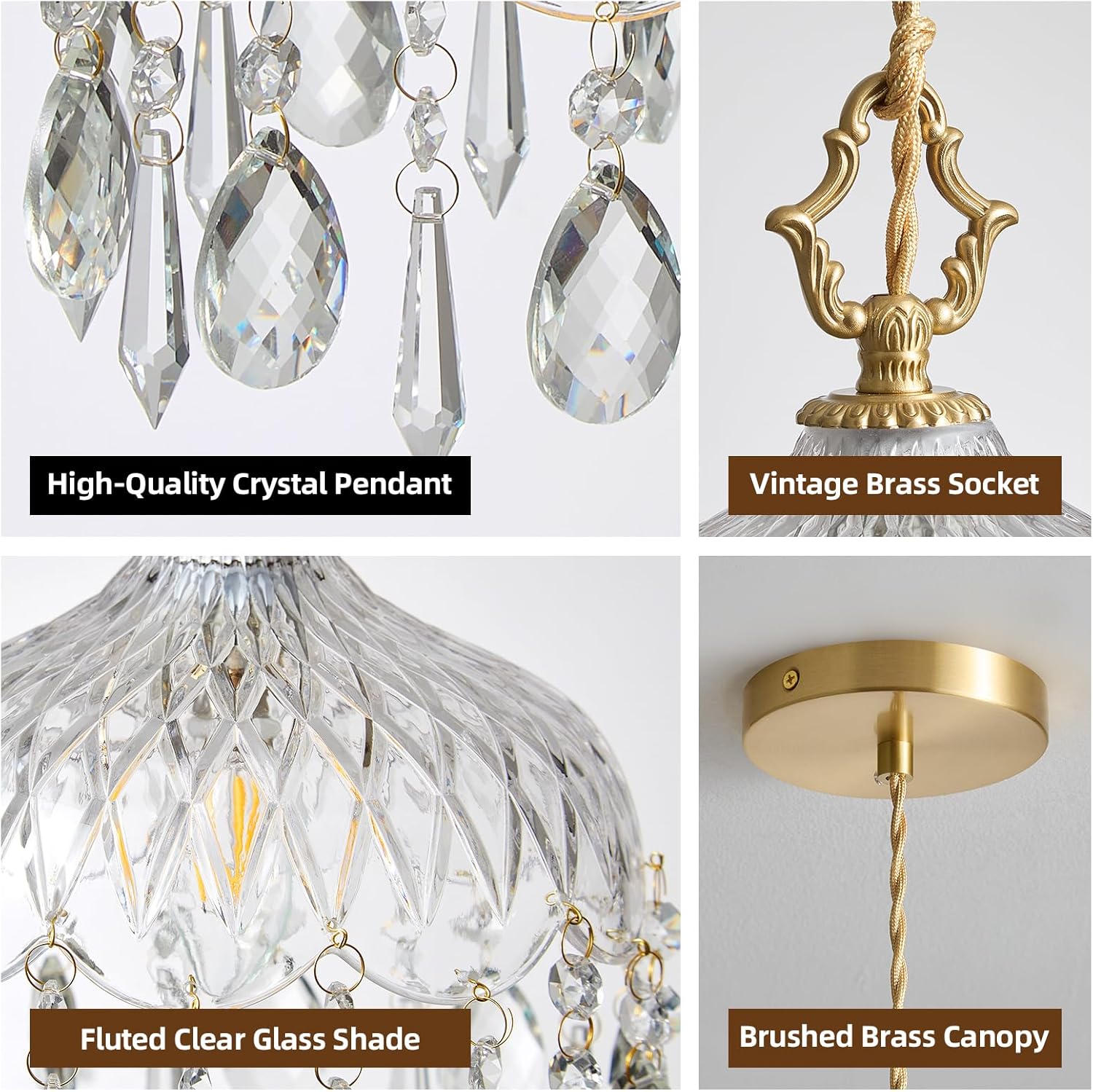 Vintage Small Crystal Pendant Lights - Brass Gold Clear Glass Mini Adjustable Hanging Kitchen Island Chandelier set of 2,Unique Flower Art Deco for Bathroom Bar Bedroom Dining Room Hallway Closet Sink