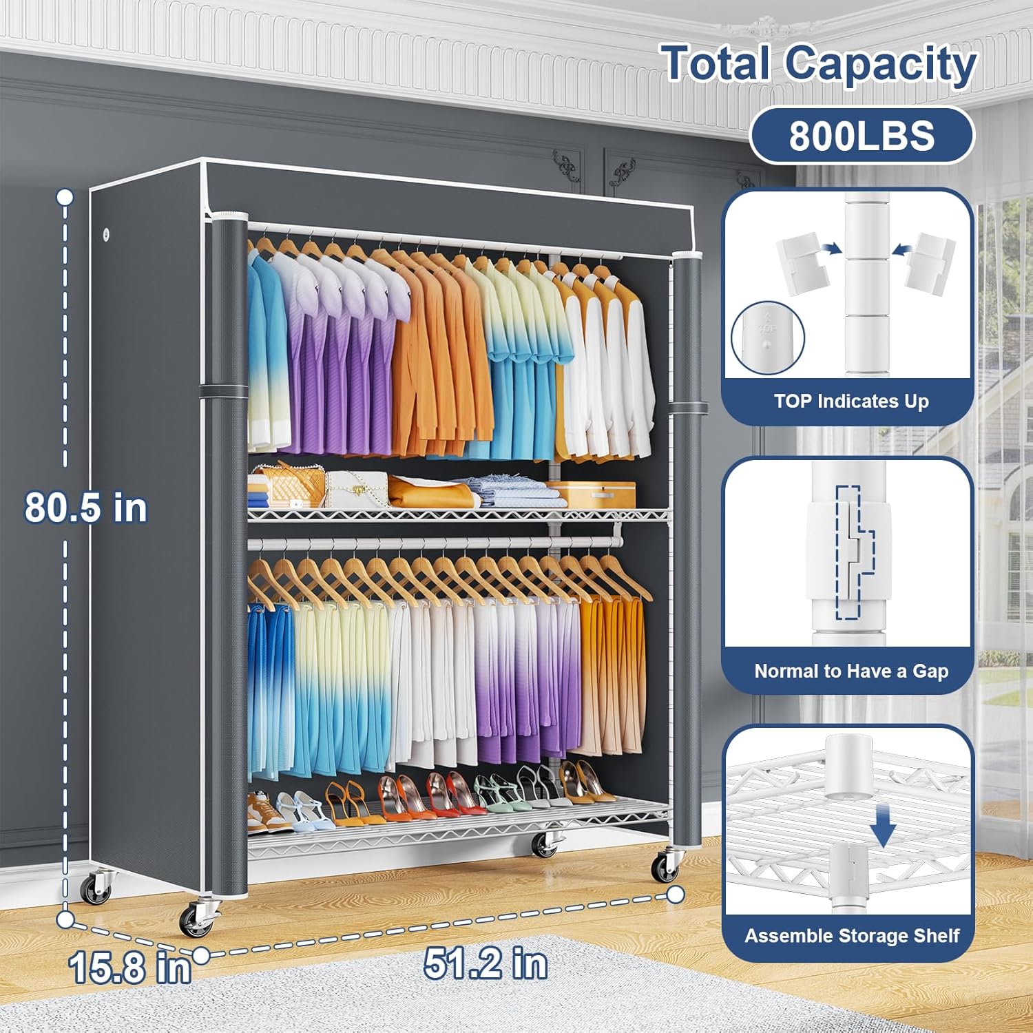 ULIFHOME P8C Max Heavy Duty Clothes Rack（With Extended Width Design） Rolling Clothing Racks for Hanging Clothes with Lockable Wheels .51.2