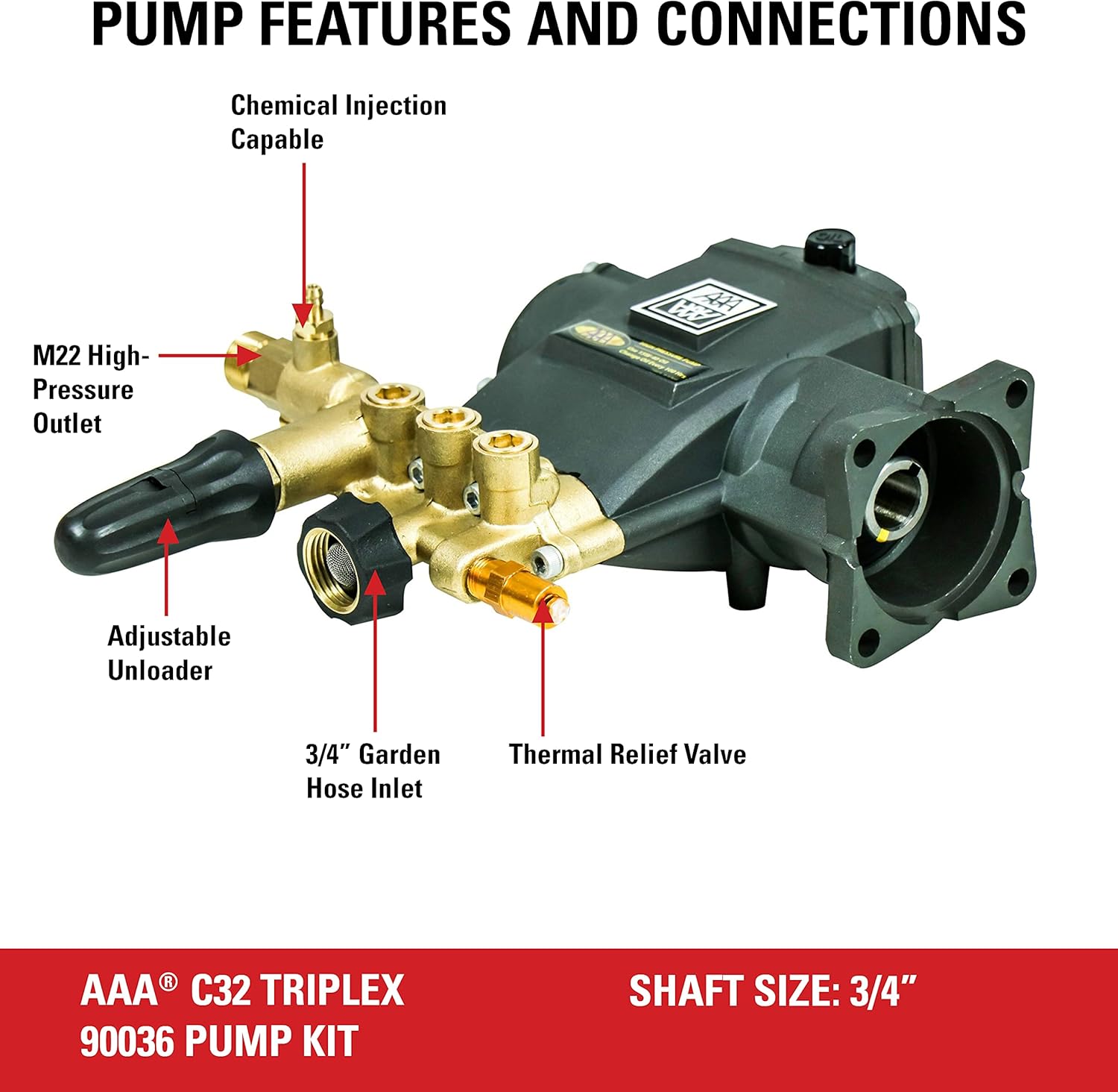 AAA 90036 Horizontal Triplex Plunger Replacement Pressure Washer Pump Kit, 3200 PSI, 2.8 GPM, 3/4