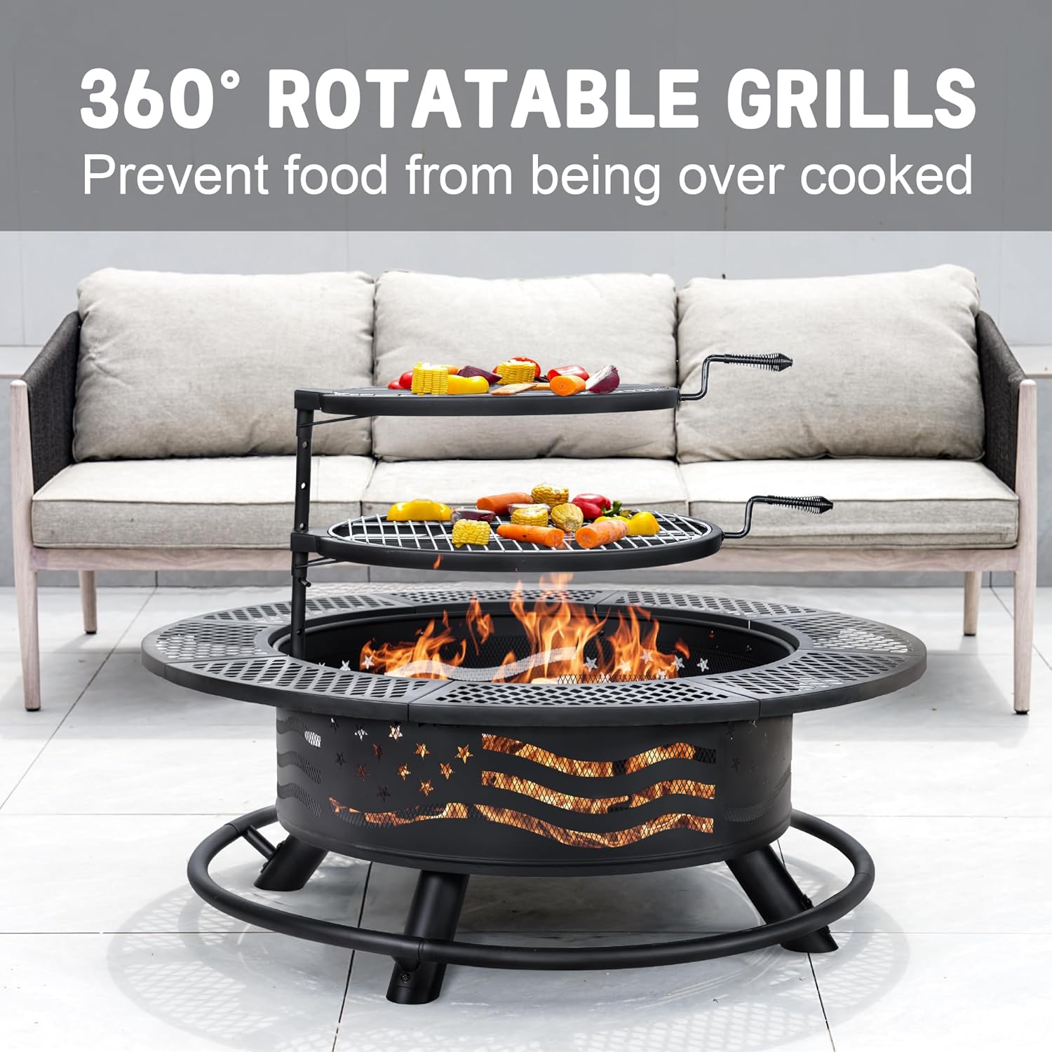 Panovue 42 Inch Fire Pit with 2 Cooking Grates, Outdoor Wood Burning BBQ Grill Firepit Bowl with Cover Lid, Steel Round Table for Backyard Bonfire Patio Picnic (Black, 42)