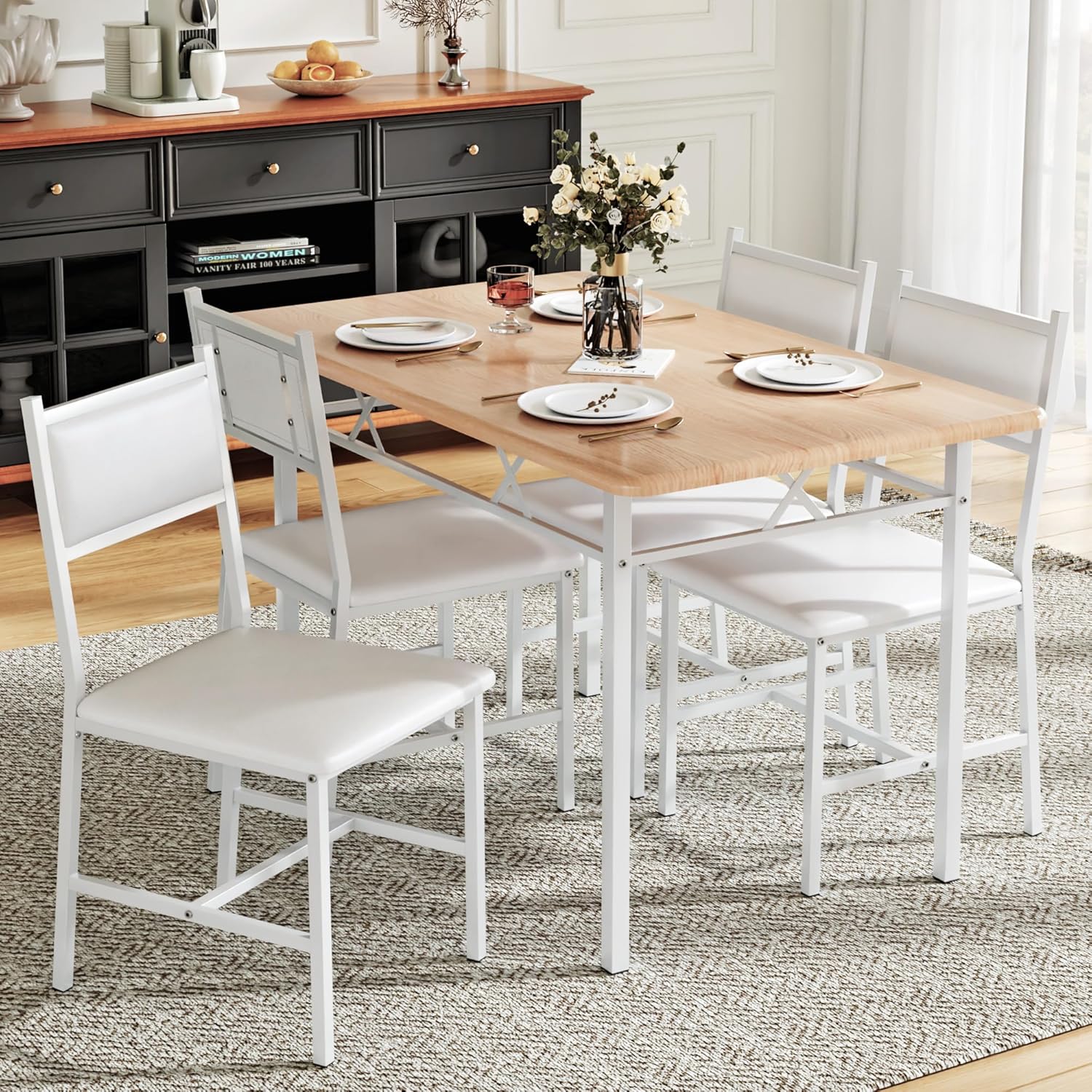 VECELO Dining Table Set for 4 with Chairs, 5-Piece Kitchen Table and Upholstered Padded Chairs Set for Small Space, Dining Room, Apartment, Natural White