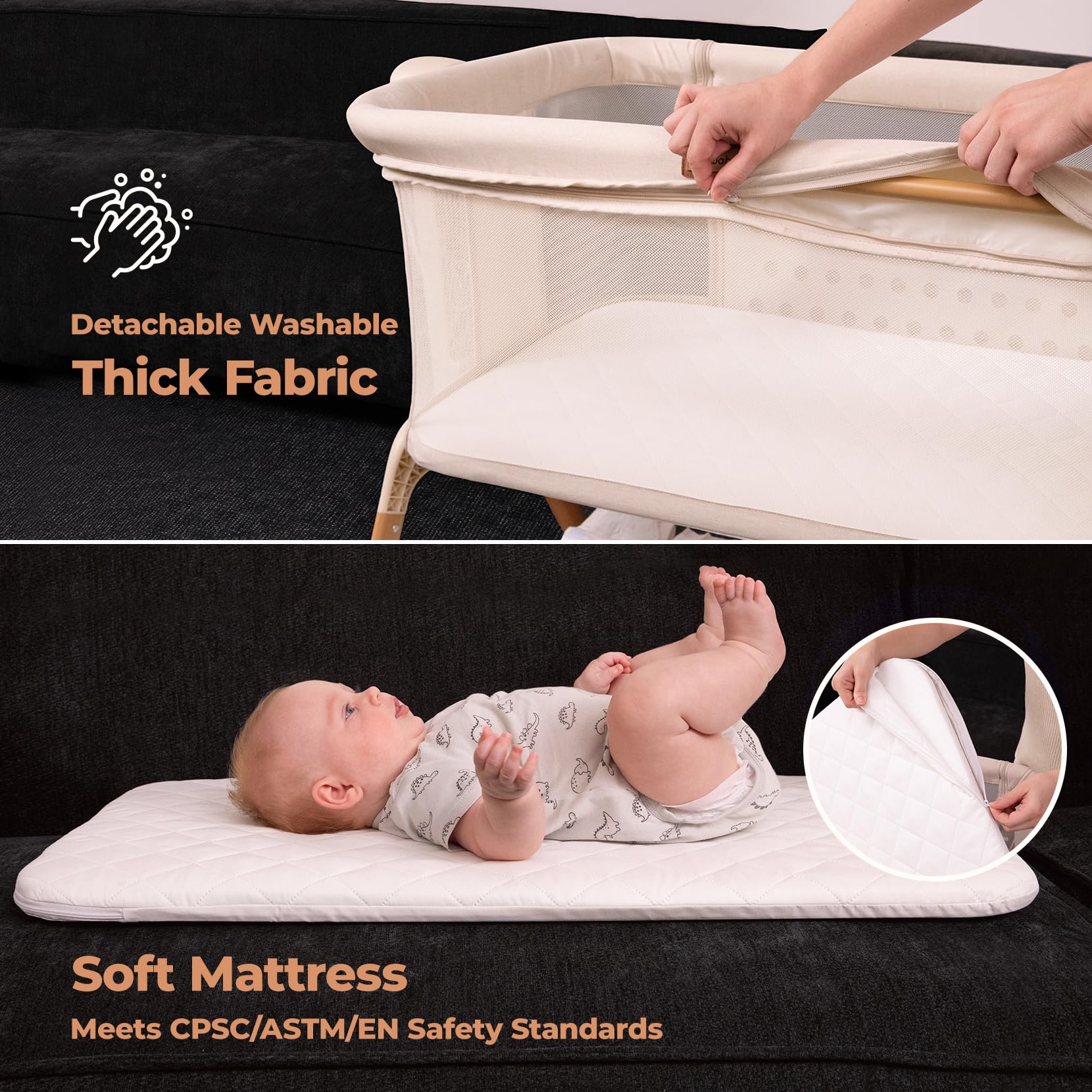 EZEBABY Baby Bassinet Bedside Sleeper - 3-in-1 Rocking Crib