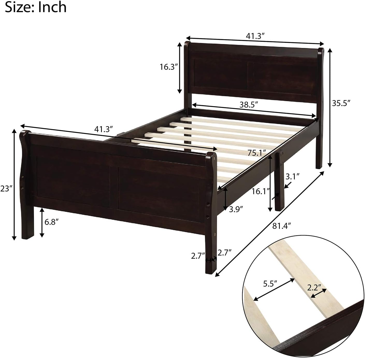 GDFStudio Twin Bed Frame with Sleigh Headboard & Footboard, Solid Wood Platform Bed Frame Twin Size, Modern Space Saving Wood Bedframe, No Box Spring Needed, Easy Assembly, Espresso