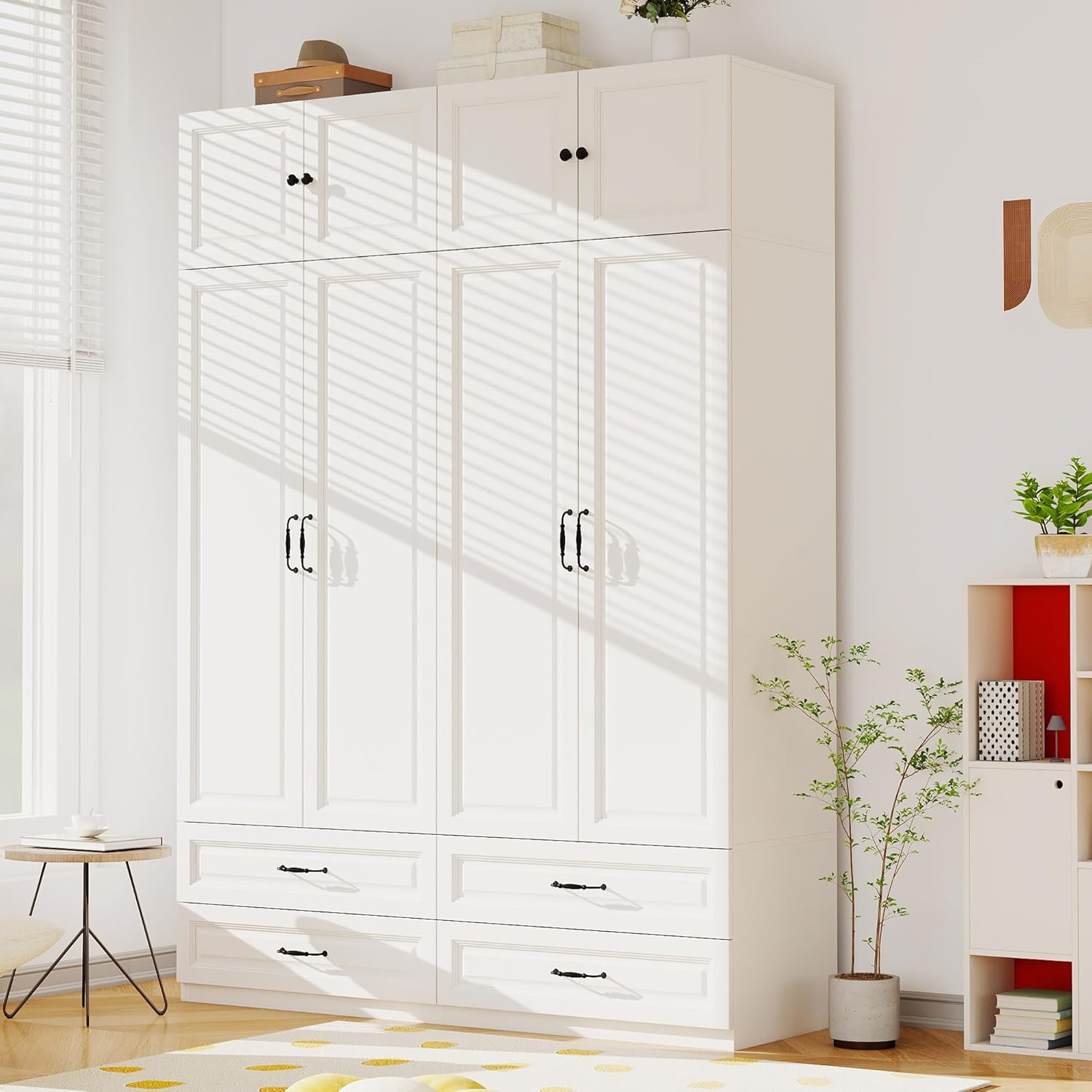White Armoire Wardrobe Closet with Drawers: Bedroom Armoires with Hanging Rod, Wooden Closet Cabinet for Hanging Clothes, Tall Wardrobes Closets with Doors and Shelves (63