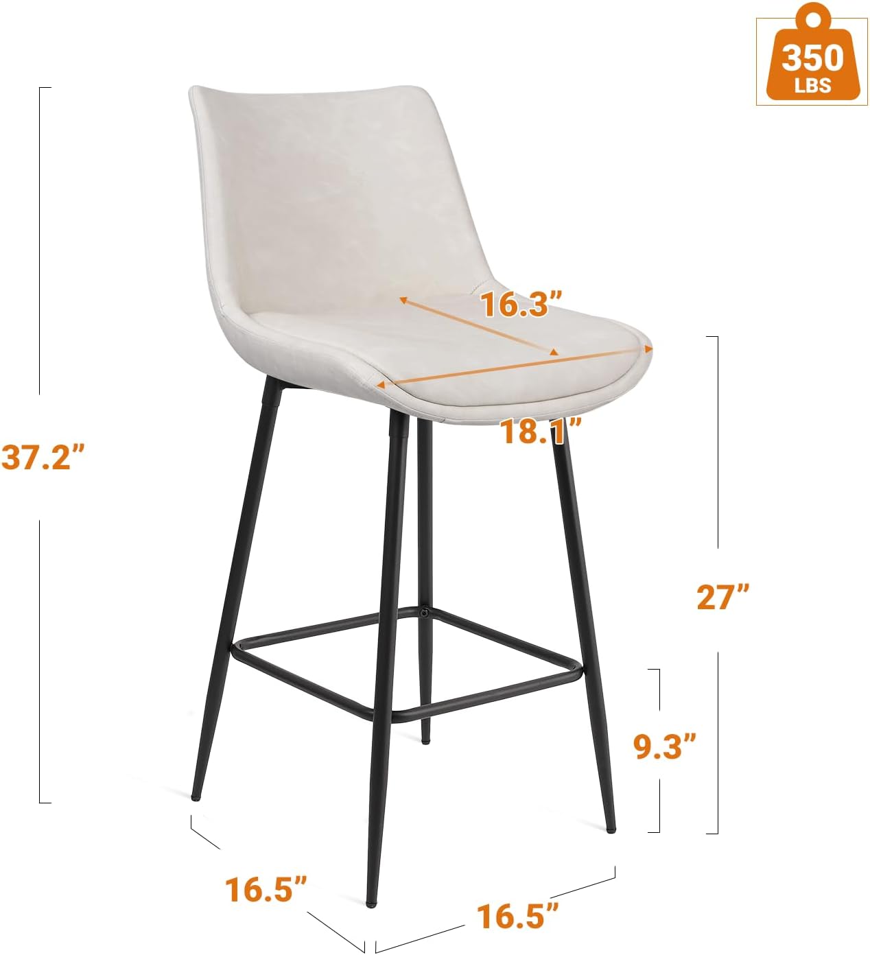Counter Height Bar Stools Set of 3, FSC Certified Upholstered Faux Leather Barstools with Back, Metal Base, 27