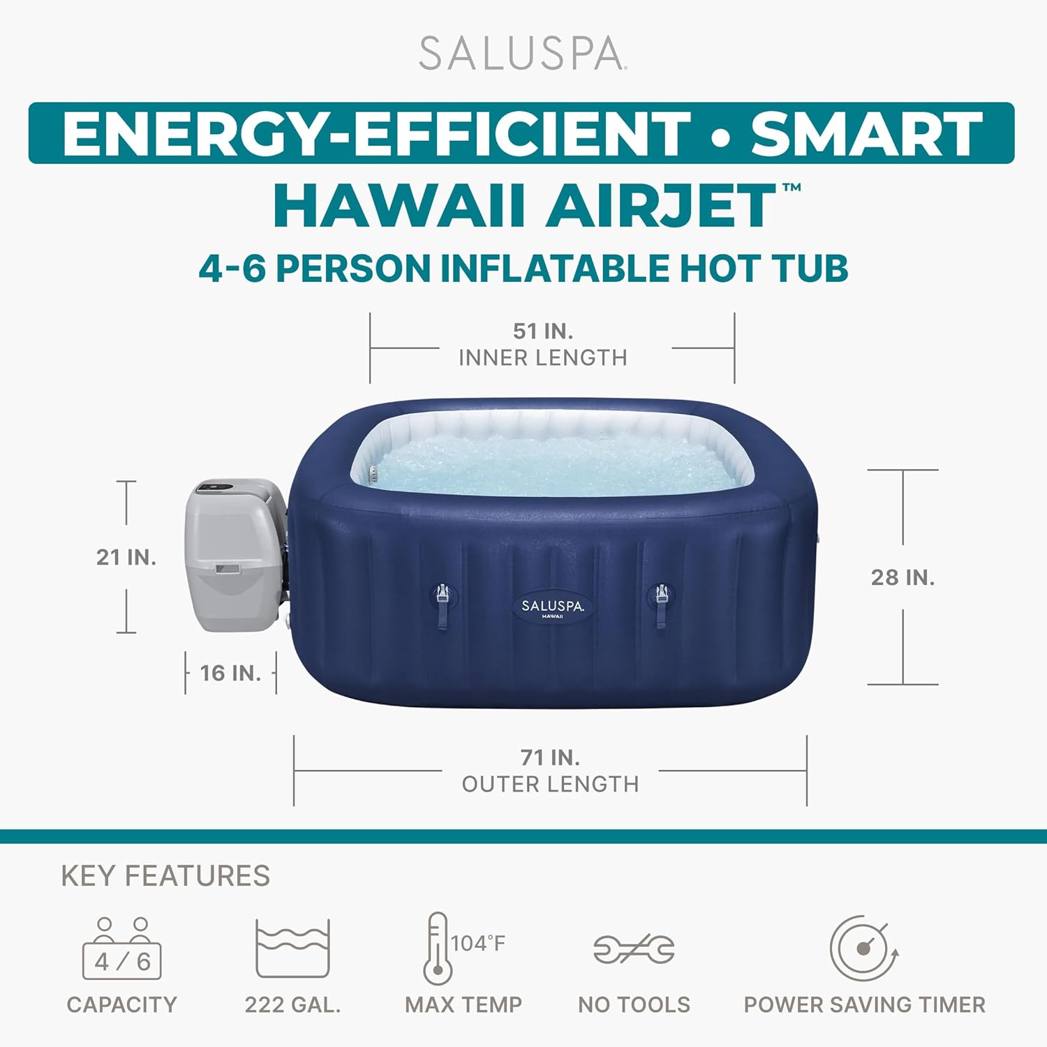 Bestway SaluSpa Hawaii 4 to 6 Person Inflatable Hot Tub, Square Energy-Efficient Portable Outdoor Spa with 140 AirJets, 71