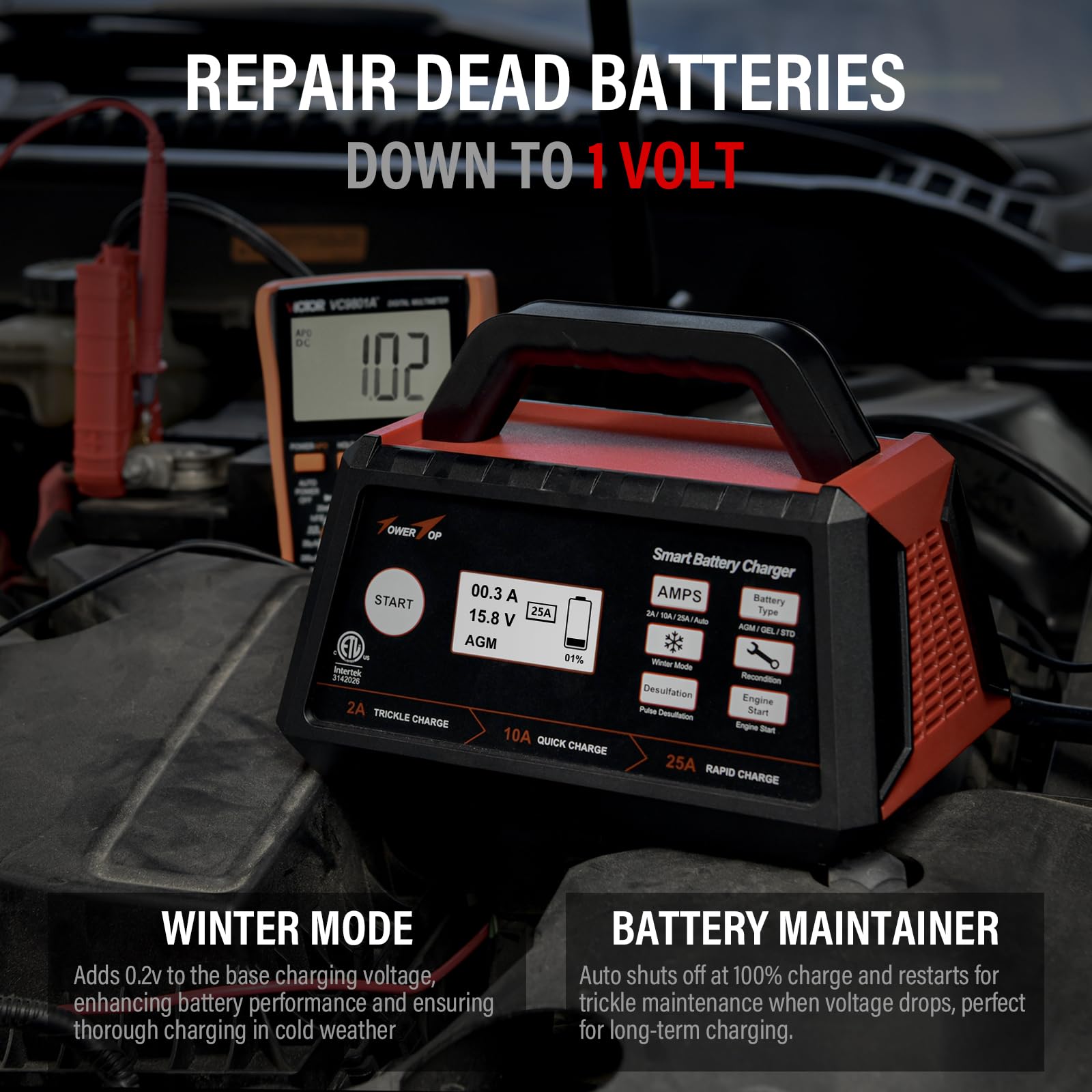 TOWERTOP 12V Smart Car Battery Charger & Maintainer 2/10/25A