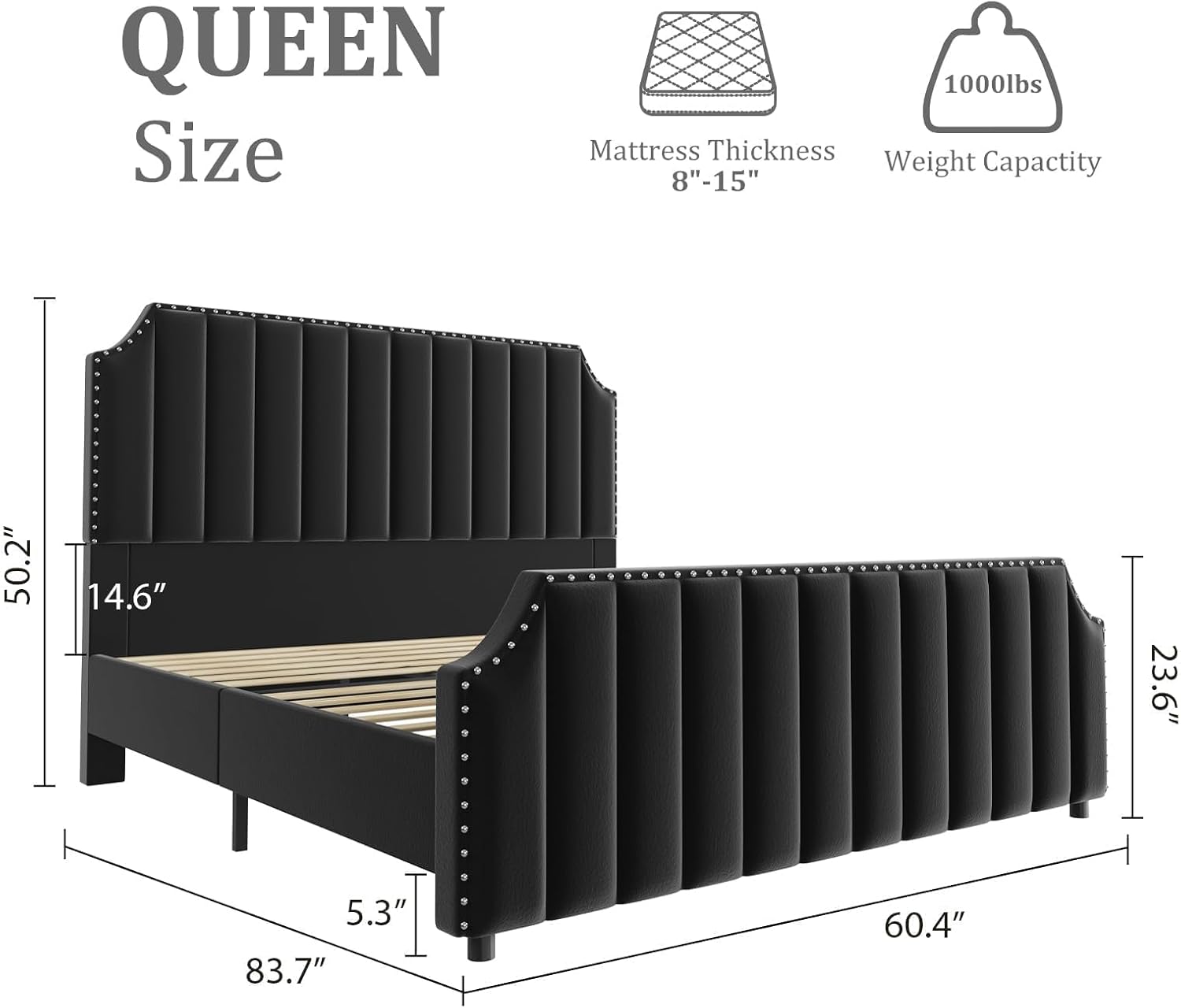 Queen Velvet Bed Frame, Metal Platform Bed Frame with Nailhead Trim, 50.2 in Tall Headboard, Footboard, Sturdy Wooden Slats Support, Noise Free(Black, Queen)