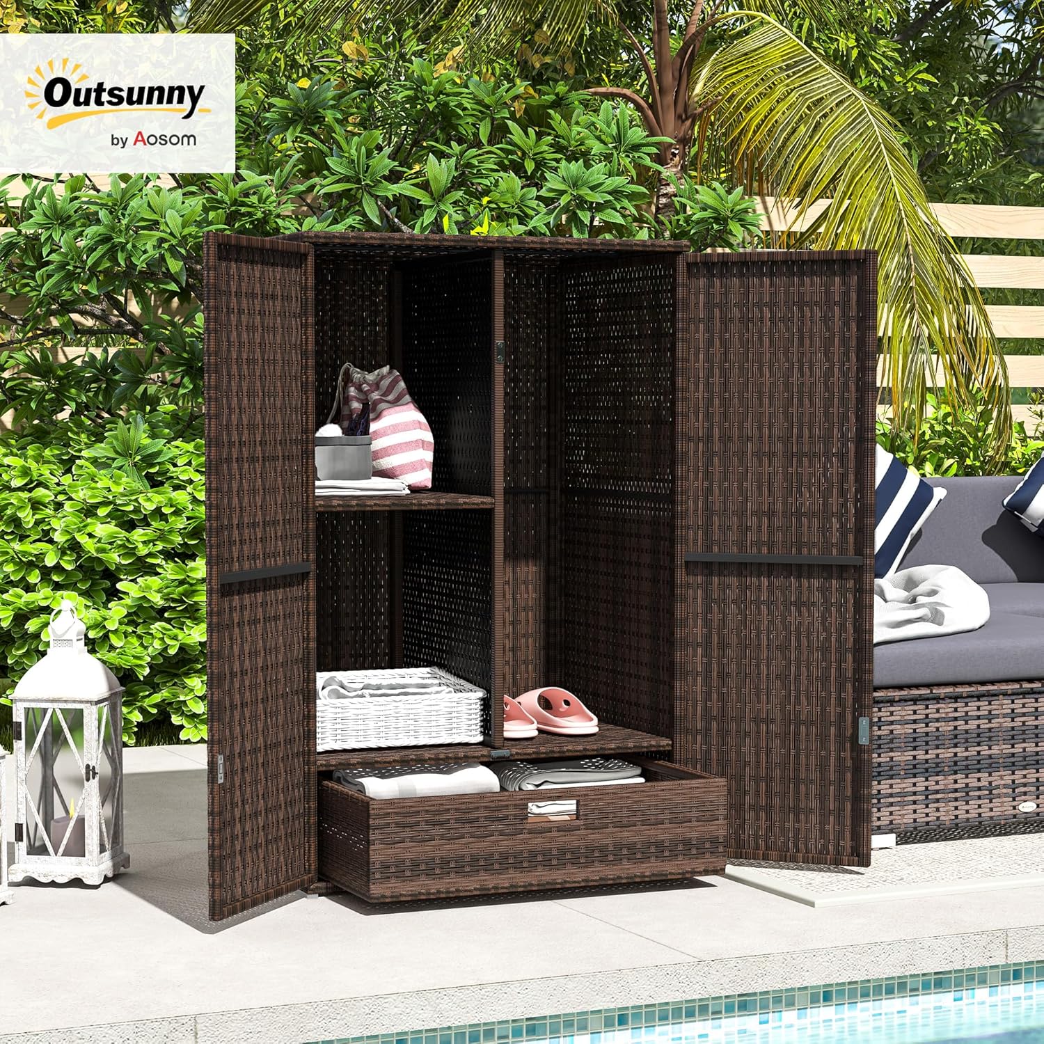 Outsunny Wicker Outdoor Storage Cabinet with Shelves, 2-Door Rattan Pool Towel Storage Cabinet with Removable Shelf & Drawer, Outdoor Towel Holder for Garden, Backyard, Porch, Mixed Brown