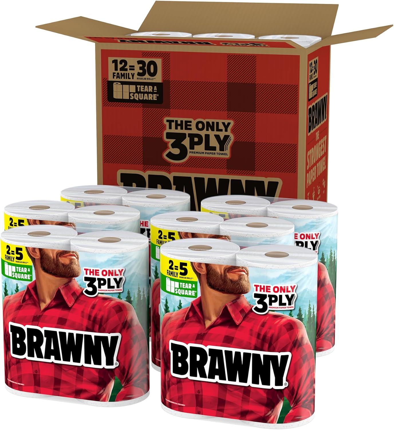 Brawny Tear-A-Square 3-Ply Paper Towels, 12 XL Family Rolls = 30 Regular Rolls, Strong, Absorbent, and Durable with 3 Sheet Sizes (Quarter, Half, Full)