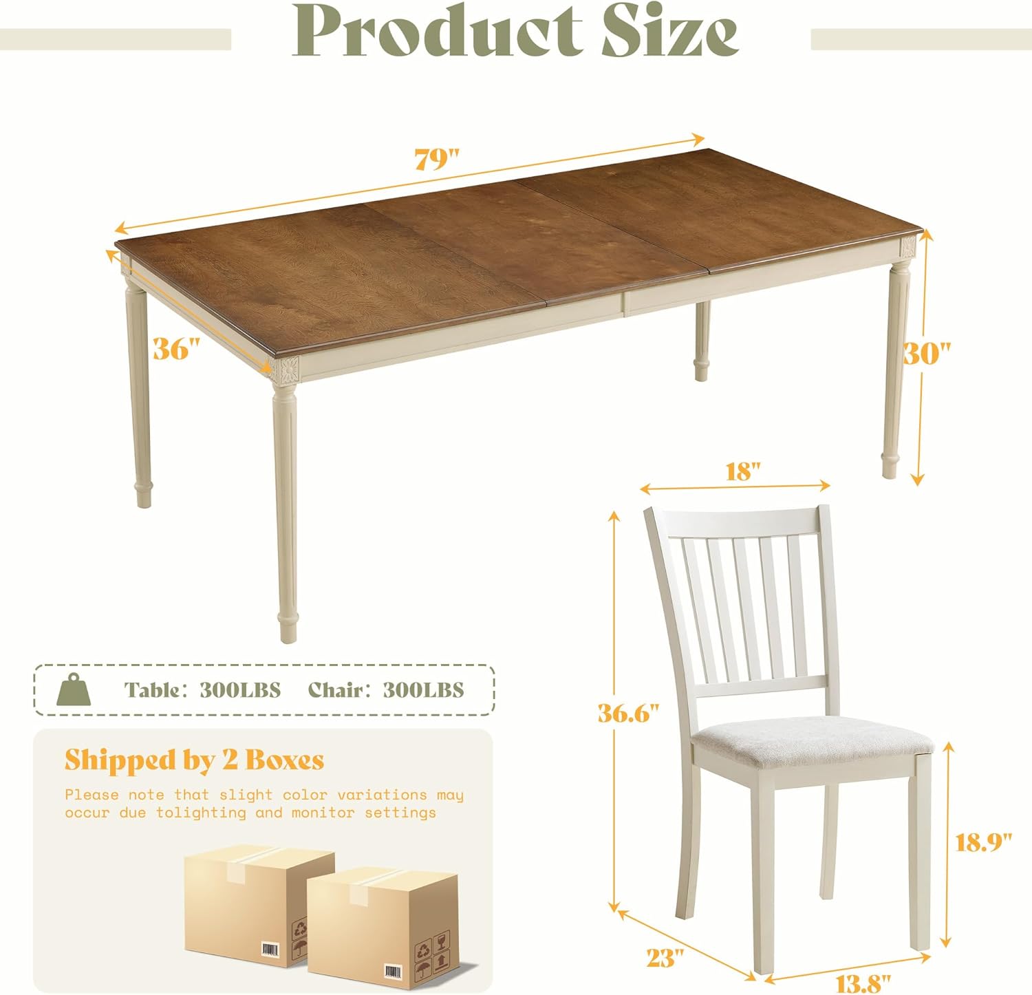 AMERLIFE 9-Piece Farmhouse Solid Wood Dining Table Set with 8 Upholstered Chairs, Roman Conical Legs, Seats up to 8, 79'' Dining Table & Chairs Set for Kitchen and Dining Room, Rustic Cream