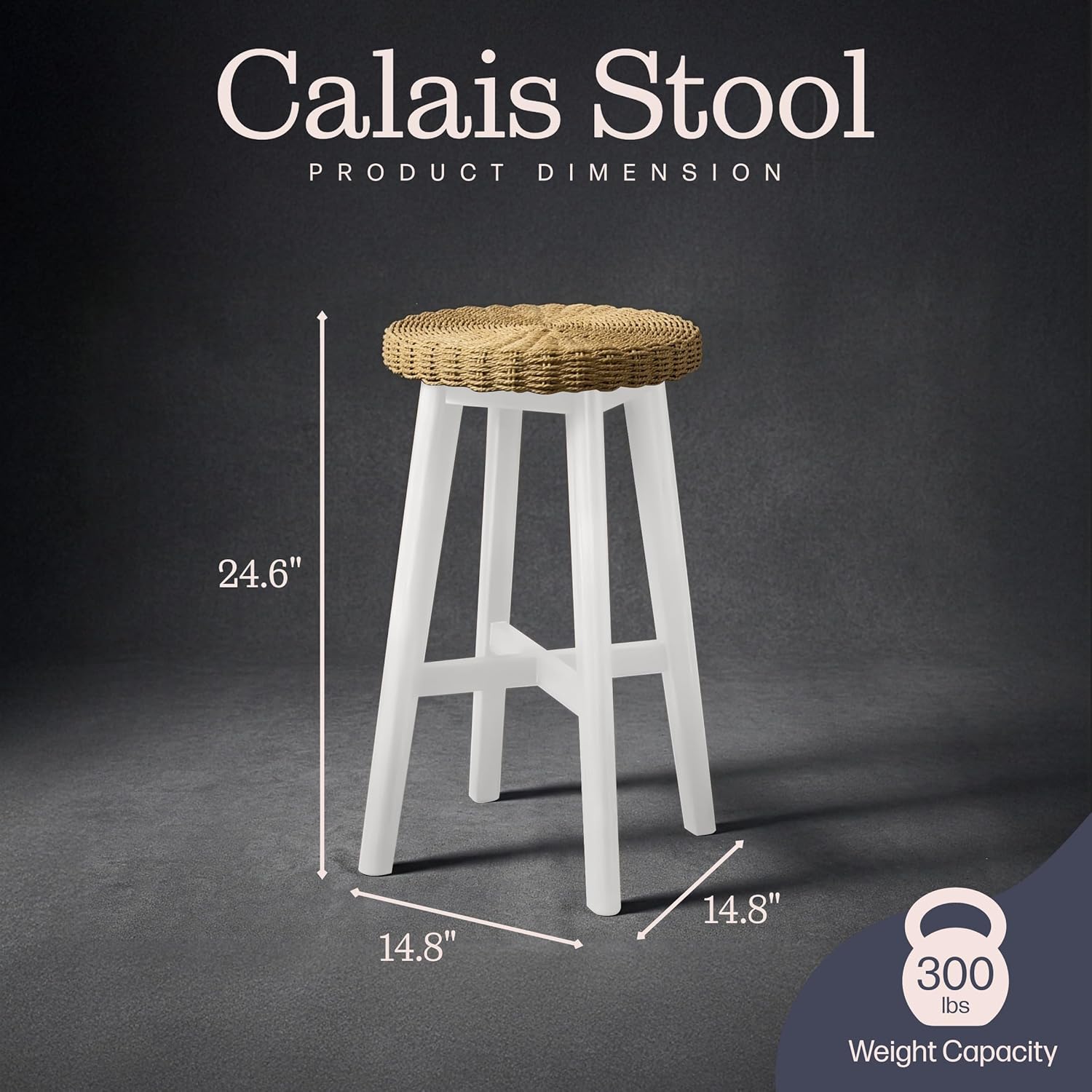 Alaterre Furniture Calais Round Bar Stool with Woven Seat Set of 4-24in Counter Height Bar Stools for Kitchen Island, Home Bar, or Dining Room - Round Backless Bar Stools (White)
