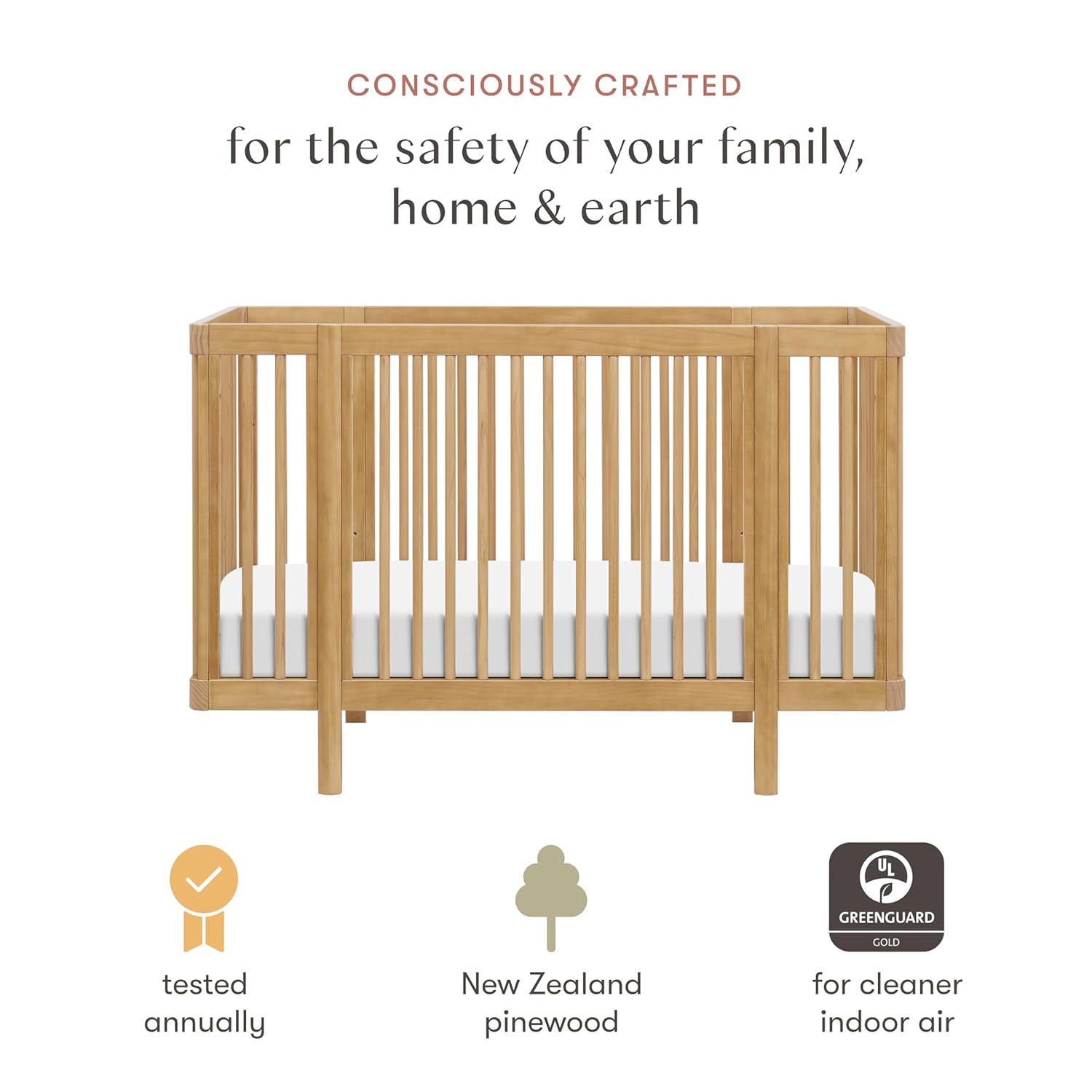 Babyletto Pogo Convertible All-Stages® Bassinet, Midi, Full-Size Crib in Honey, Greenguard Gold and FSC Certified, Portable & Adjustable with Conversion Kits and Pads Included