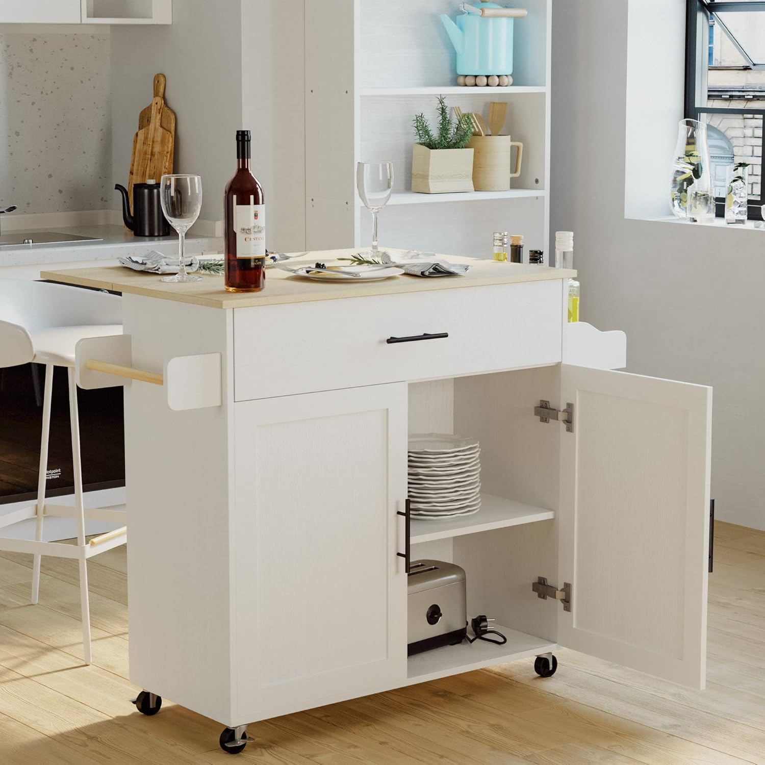 IRONCK Rolling Kitchen Island Table on Wheels with Drop Leaf, Storage Cabinet, Drawer, Spice/Towel Rack, Kitchen Cart, 47.25