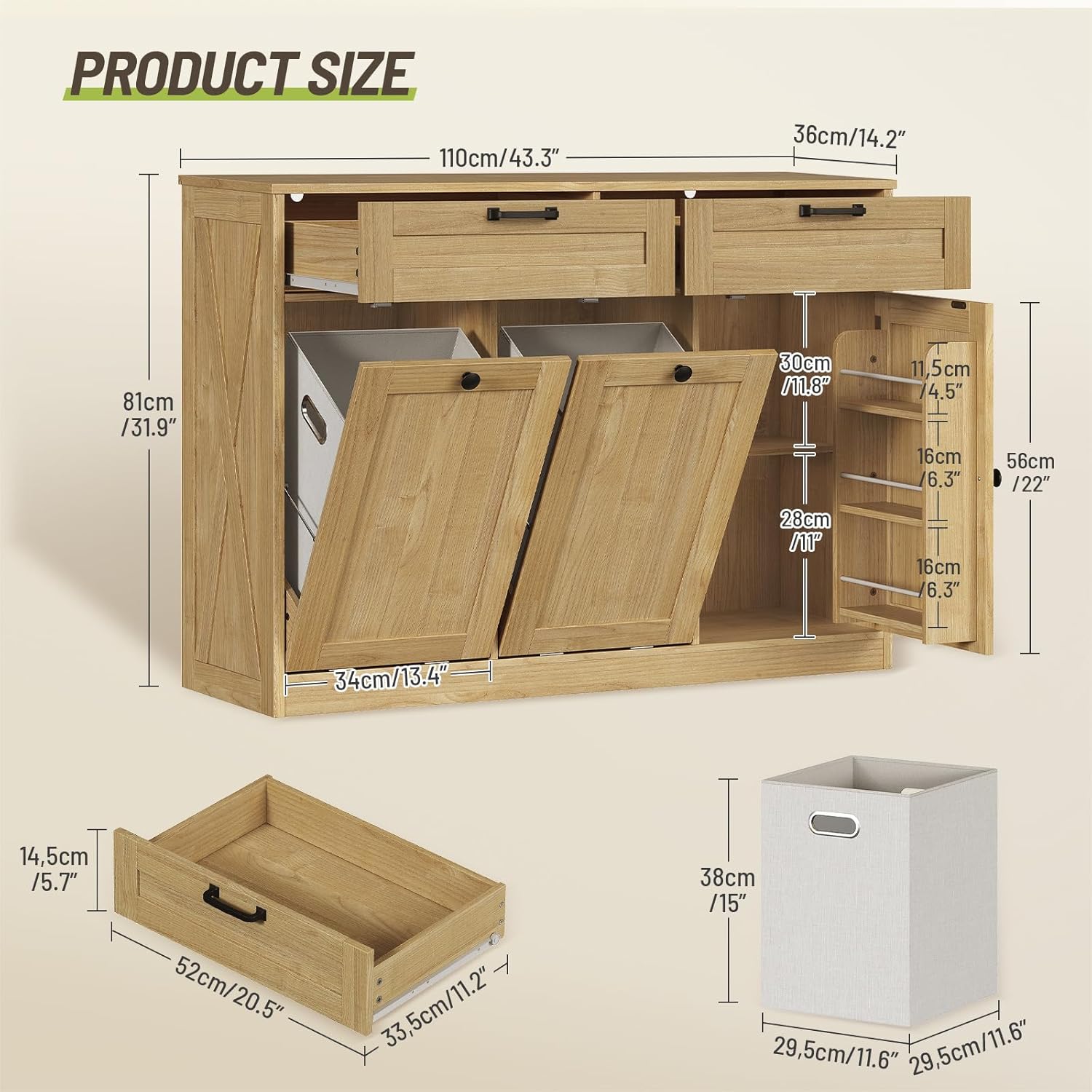 Double Tilt Out Laundry Hamper Cabinet, 43.3