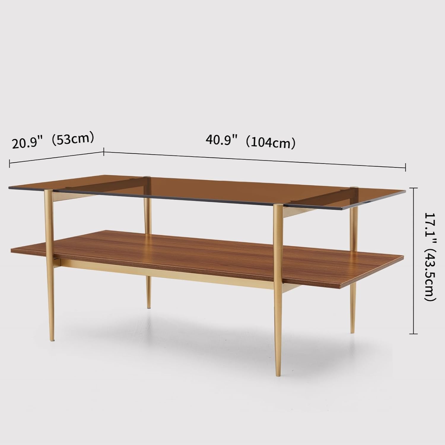 LumFurn Rectangle Coffee Table, Mid-Century Modern Design, L41 W21 x H17, for Living Room, 2-Tier Structure, Amber Glass Top and Walnut MDF Shelf, Sleek Conical Metal Legs with Gold Finish