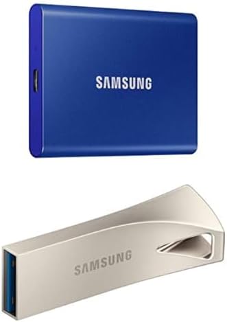 Samsung T7 Portable SSD 2TB External Solid State Drive (MU-PC2T0H/AM, Blue) and BAR Plus 3.1 USB Flash Drive (MUF-128BE3/AM, Champagne Silver) - Storage Bundle for Gaming, Photos, Videos, Music