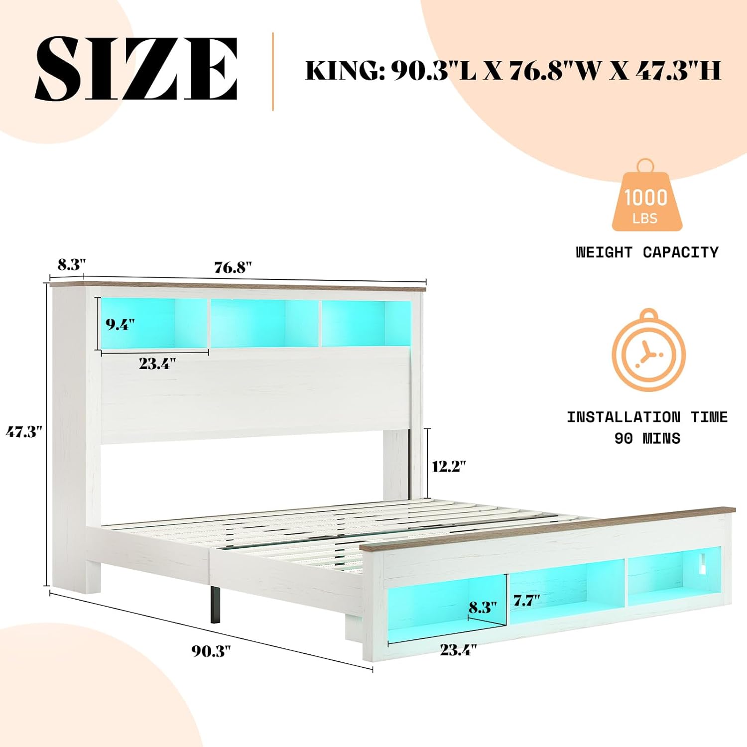 AMERLIFE King Size Bed Frame with Bookcase Storage Headboard and Footboard, LED Platform Bed with Charging Station, No Box Spring Needed, Noise Free, Distressed White