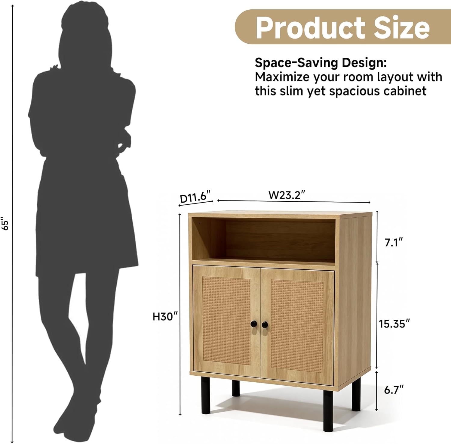 Narrow Storage Cabinet with Rattan Doors, 32