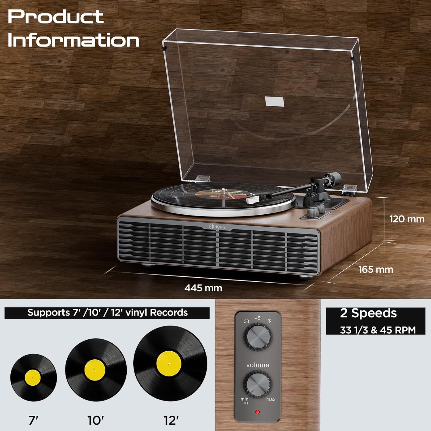 XJ-HOME Vinyl Record Player, All-in-one Record Player with Built-in Speakers, Bluetooth Turntable for High Fidelity Sound, RCA Out/AUX-in, 2 Speed, for Home Decor and Beginners