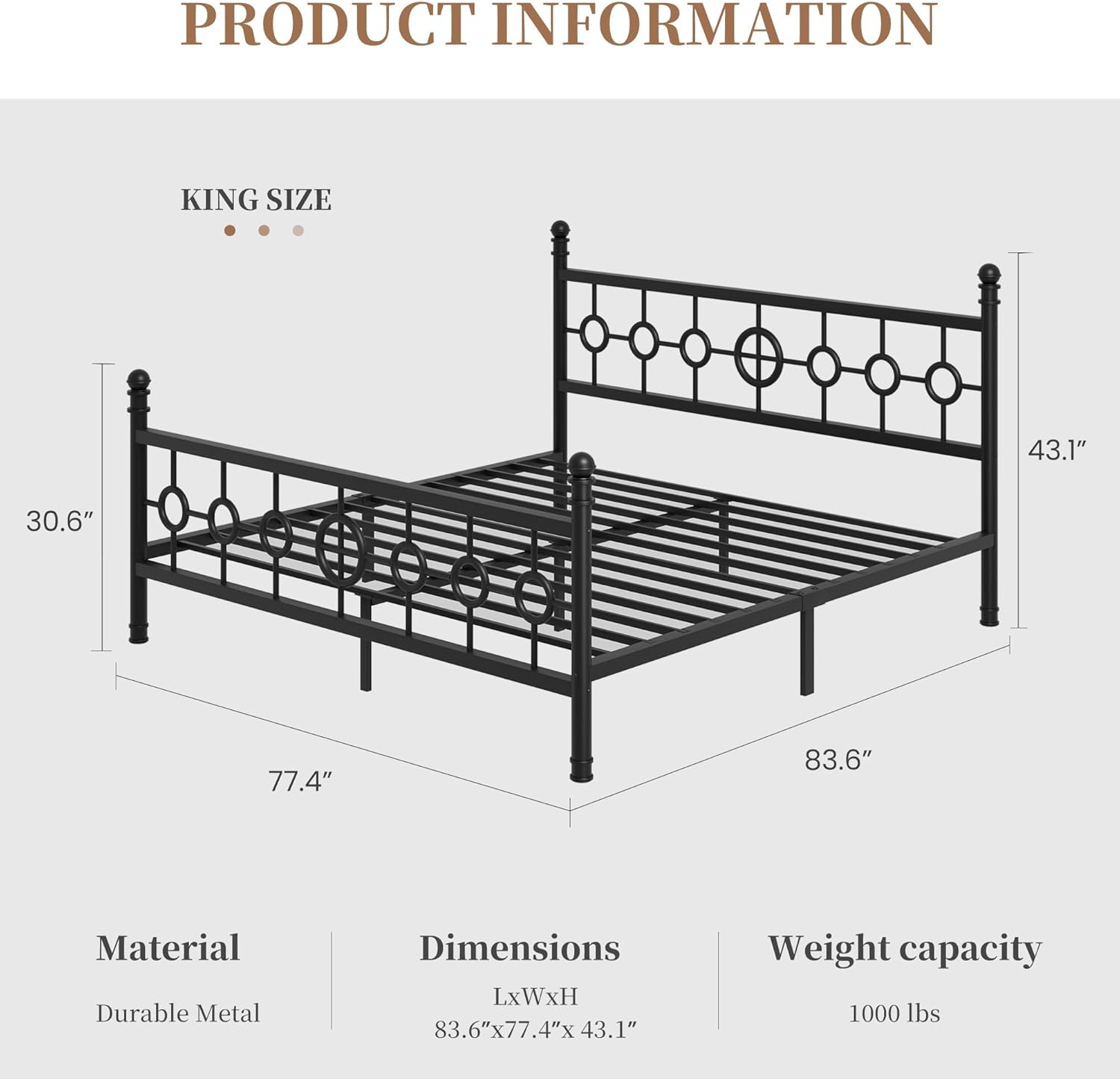 GarveeHome King Size Metal Bed Frame with Vintage Circular Headboard and Footboard, Heavy-Duty Iron Platform Bed, No Box Spring Needed, Noise-Free Design, Easy Assembly, Black