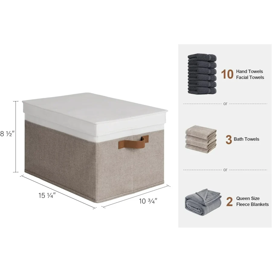 Large Storage Bins with Lids, Decorative Storage Boxes with Lid and PU Handles, Foldable Storage Baskets for Closet, Shelves, Stackable, Brown and White, 3-Pack