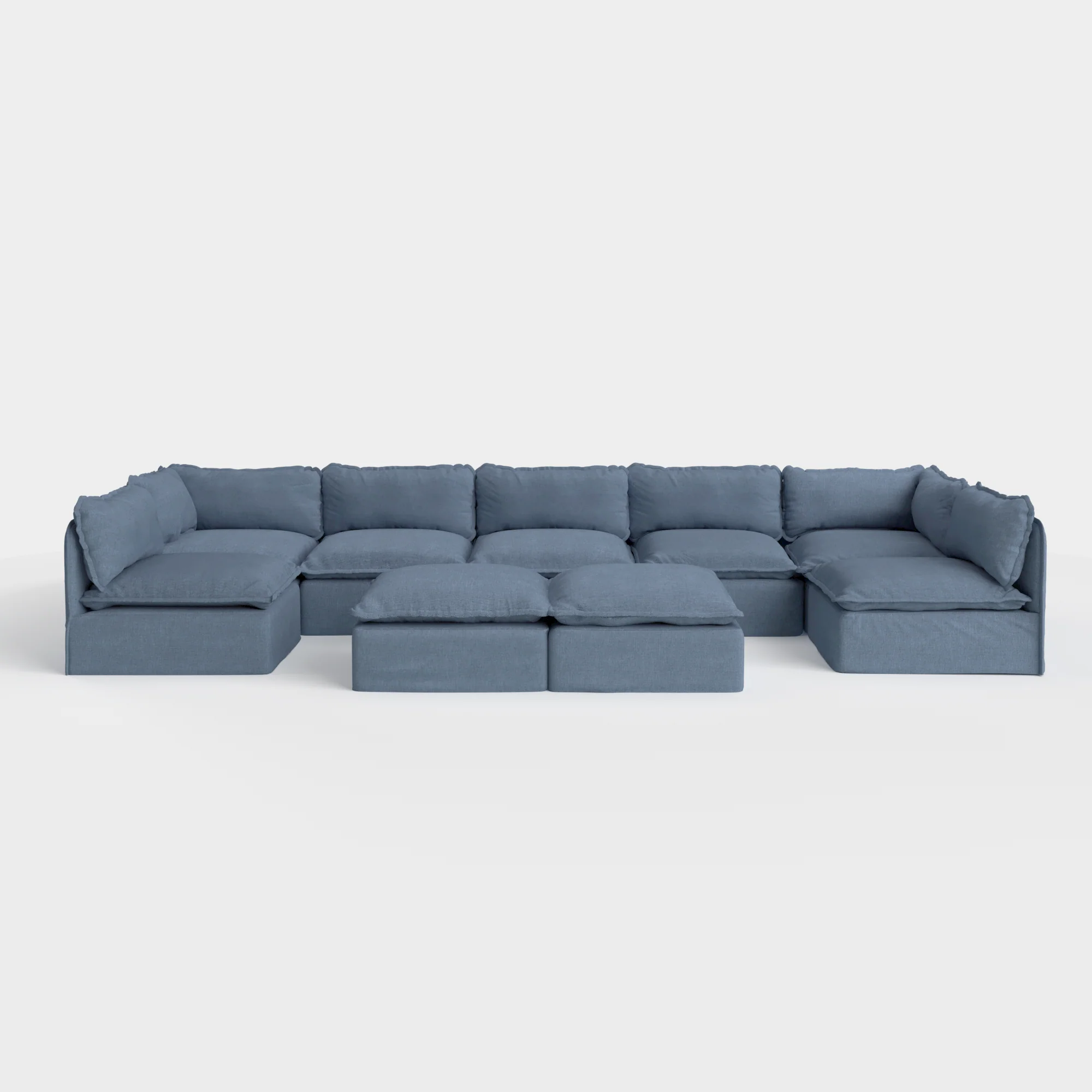 Modular Outdoor Washable 7-Seater Open-Ends U-Sectional + Bench Ottoman | Classic Canvas in Ocean