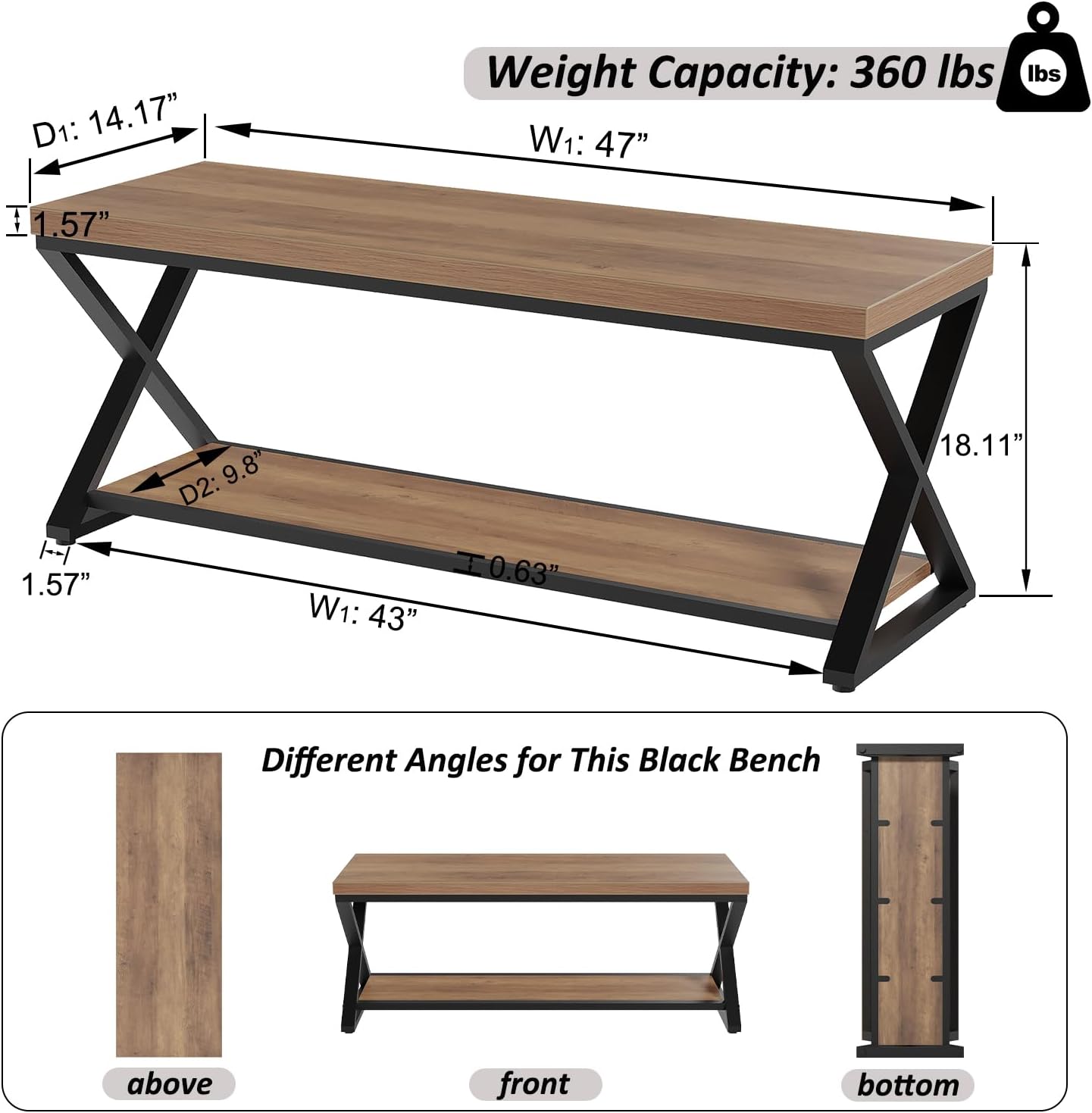 IBF Wood Entryway Bench, Wooden and Metal Bedroom Indoor Bench, Industrial Shoe Bench with Storage and Seating, Farmhouse Entry Bench for Foyer Entrance Hallway Living Dining Room, Rustic Oak, 47 Inch