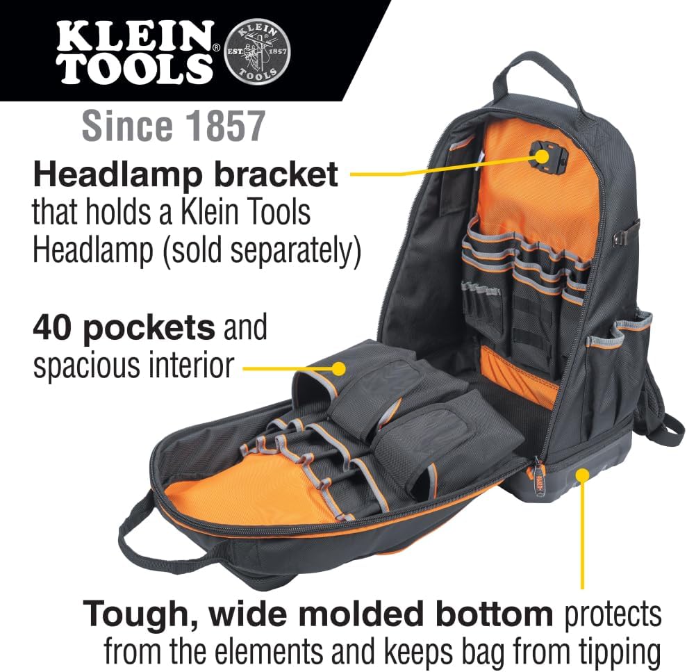 Klein Tools 62800BP Backpack Tool Bag, Tradesman Pro Extra-Large 40-Pocket Electrician Jobsite Backpack with Molded Bottom, Charging Port