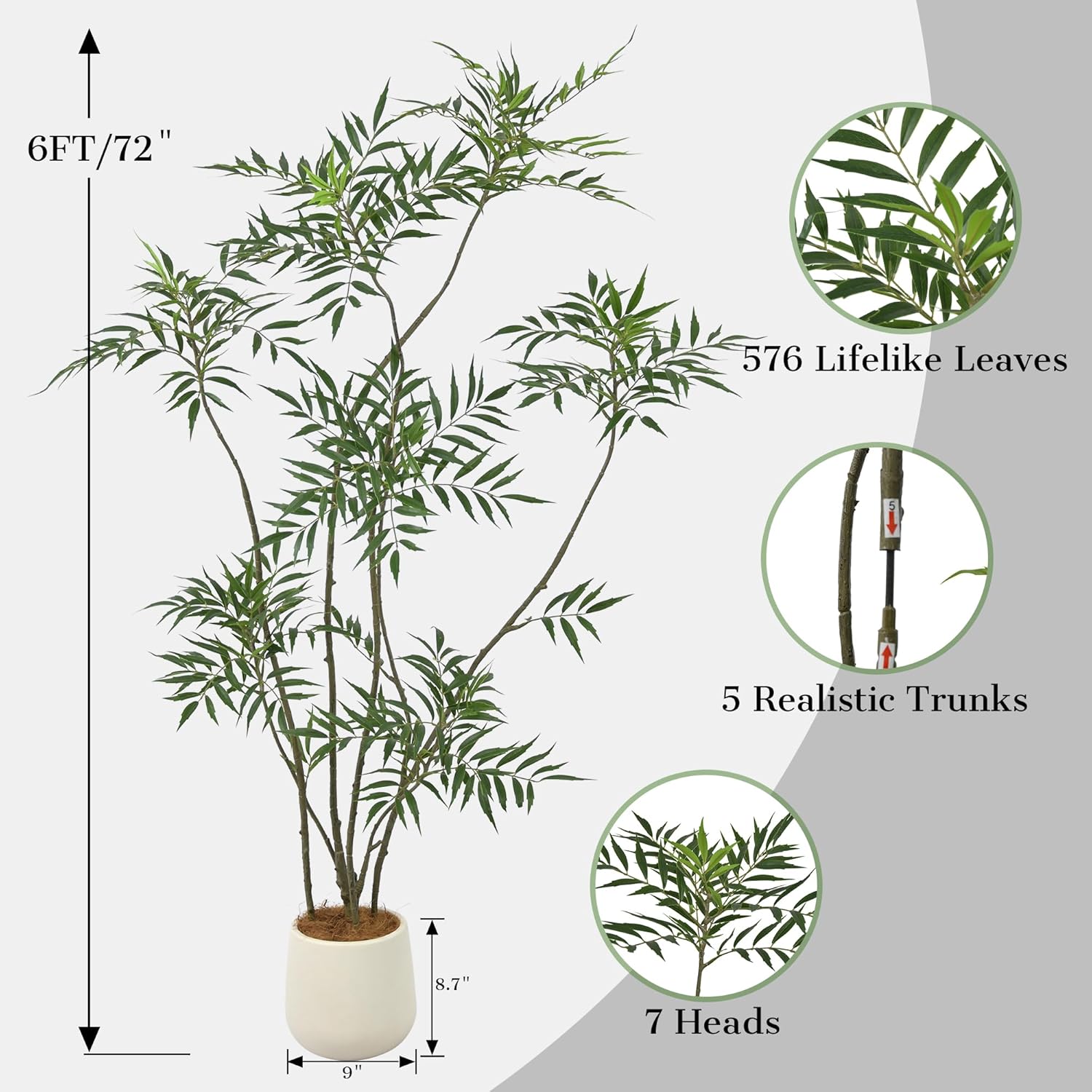 Artificial Mahonia Fortunei Tree 6FT - Faux Trees Indoor with 576 Lifelike Vivid Leaves and 7 Heads, 72