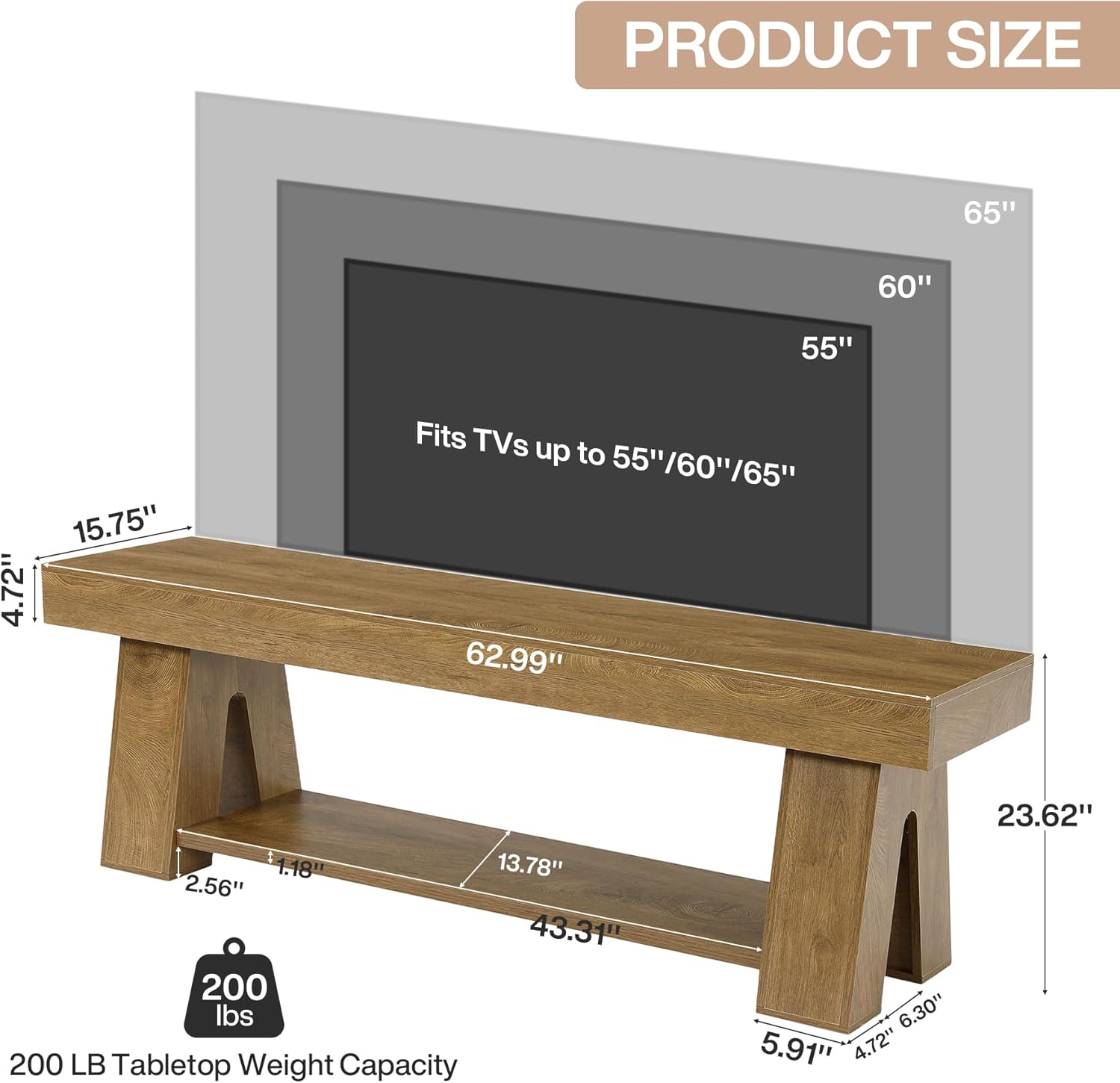 Tribesigns Wooden TV Stand for TVs up to 65'', Natural Brown Modern Entertainment Center with Lower Open Shelf, 63