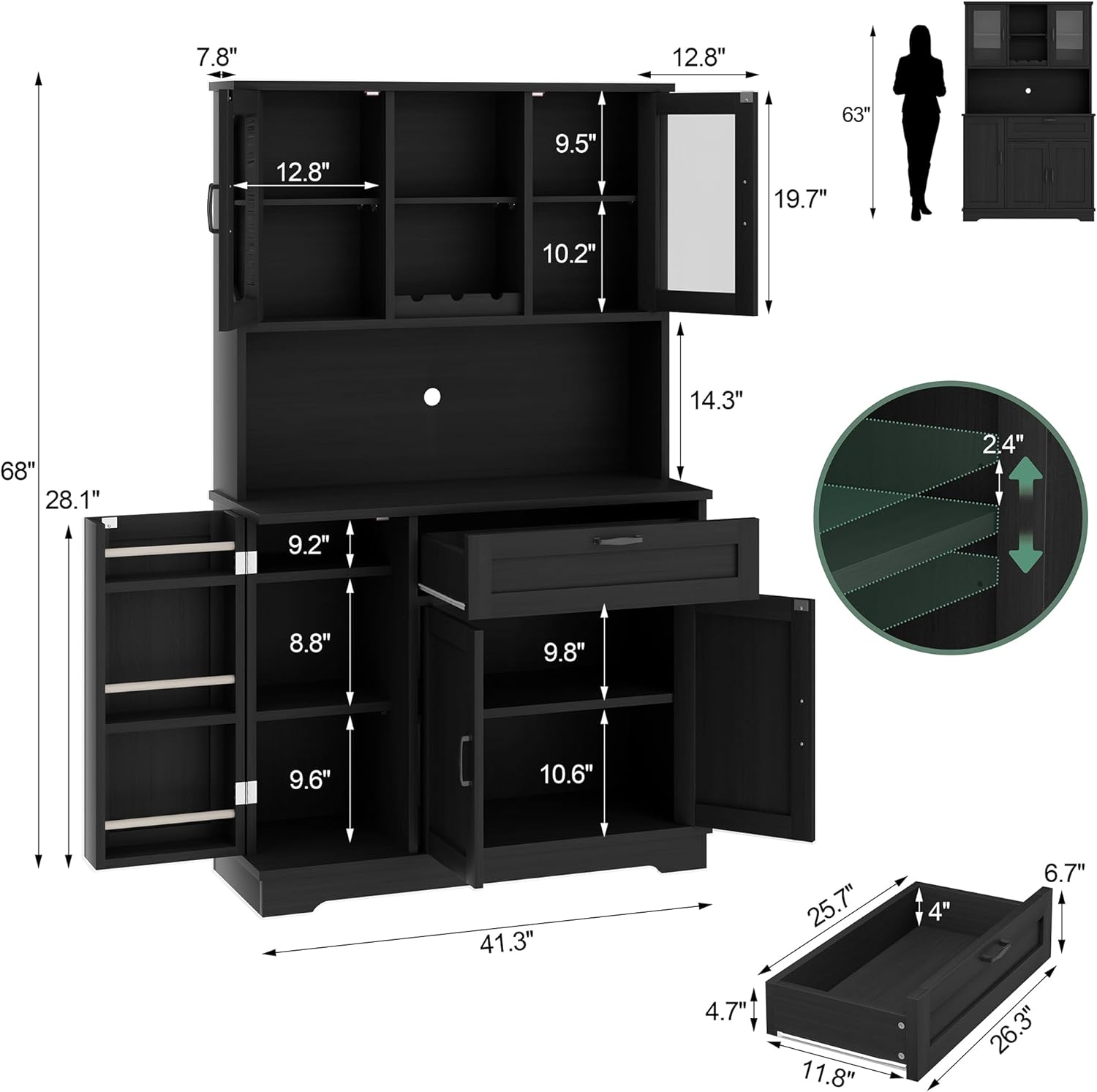 Shintenchi Kitchen Pantry Storage Cabinet, Freestanding Buffet Cabinet with Microwave Stand & 3 Door Shelves, Kitchen Hutch with Doors, Adjustable Shelves and Wine Rack, Black