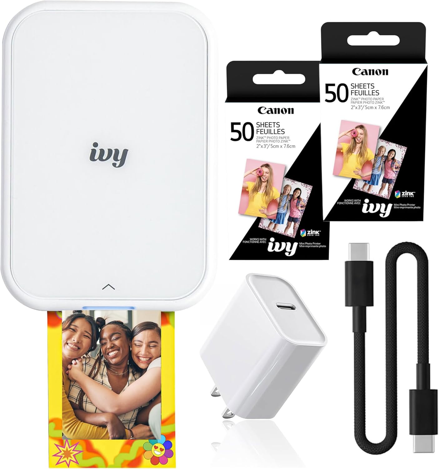 Canon Ivy 2 Mini Photo Printer Pure White, Bluetooth Portable Printer for iOS & Android, Zink 2x3 Sticky-Back Photo Prints, Compact Travel Size (5452C018) + 2 x Zink Photo Paper (50 Sheets) + More