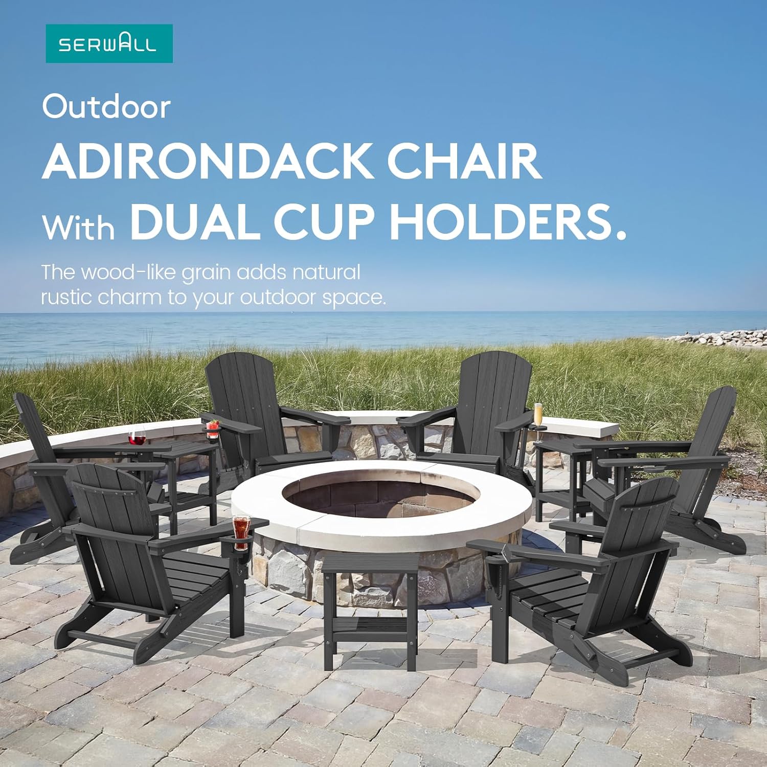 SERWALL Foldable Adirondack Chair Set of 2, HDPE Adirondack Chair with Wood-Texture-Gray