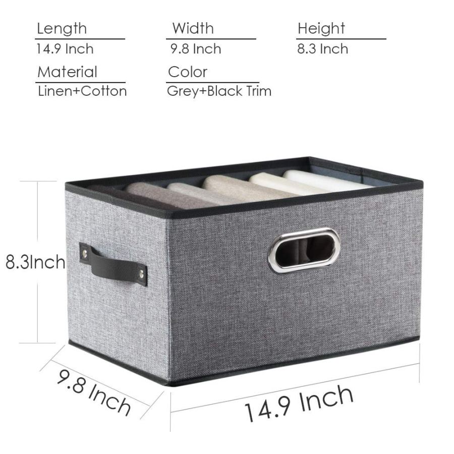 Linen Fabric Storage Bins 3-Pack Foldable, Large Decorative Baskets with Sturdy Handles for Closet Shelf Office Nursery, Collapsible Design, Grey Black Trim (14.9x9.8x8.3 Inch)