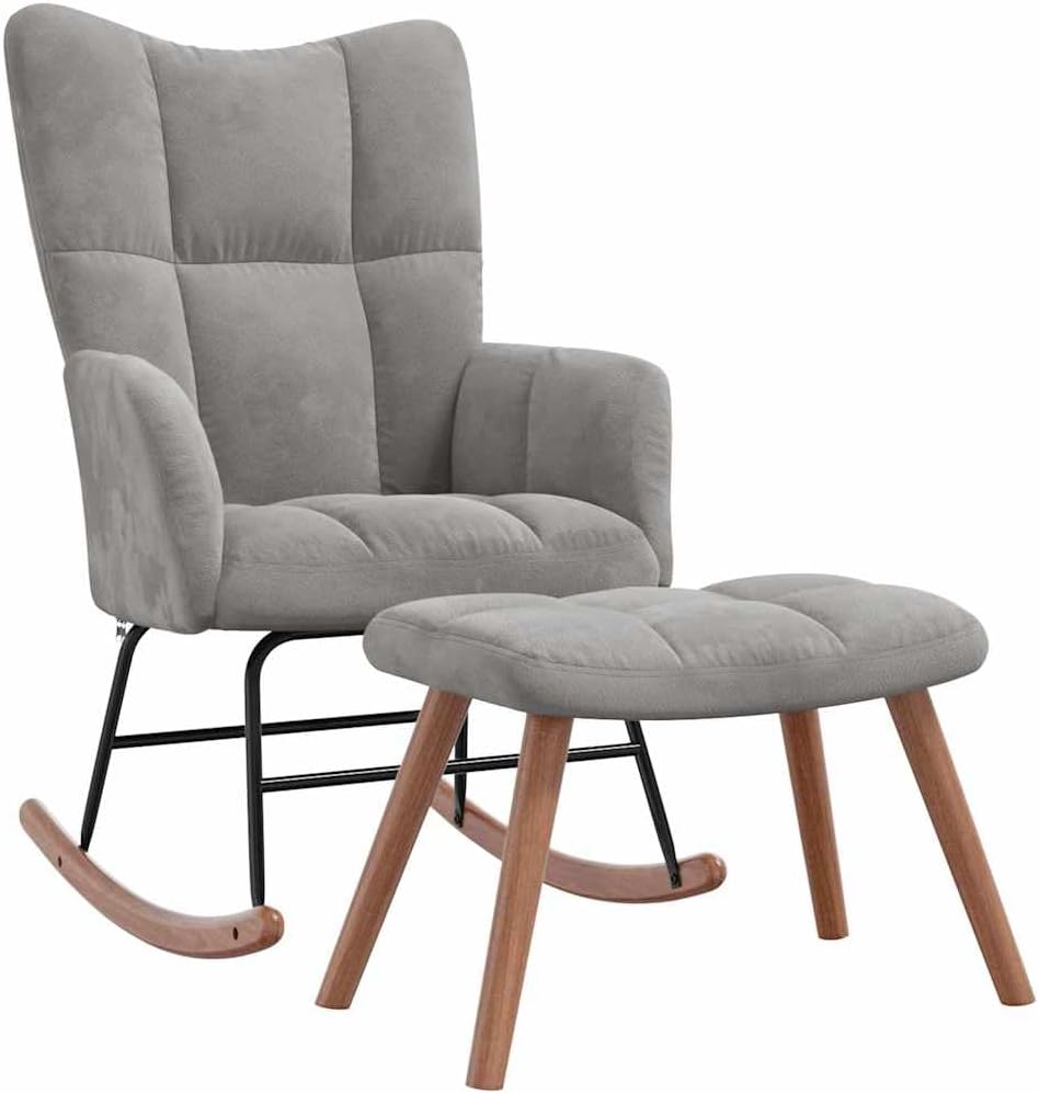 Modern Rocking Chair with Ottoman Set, Upholstered Velvet Nursery Glider Chair with Footrest, Comfortable Reading Armchair for Living Room Bedroom, Light Gray