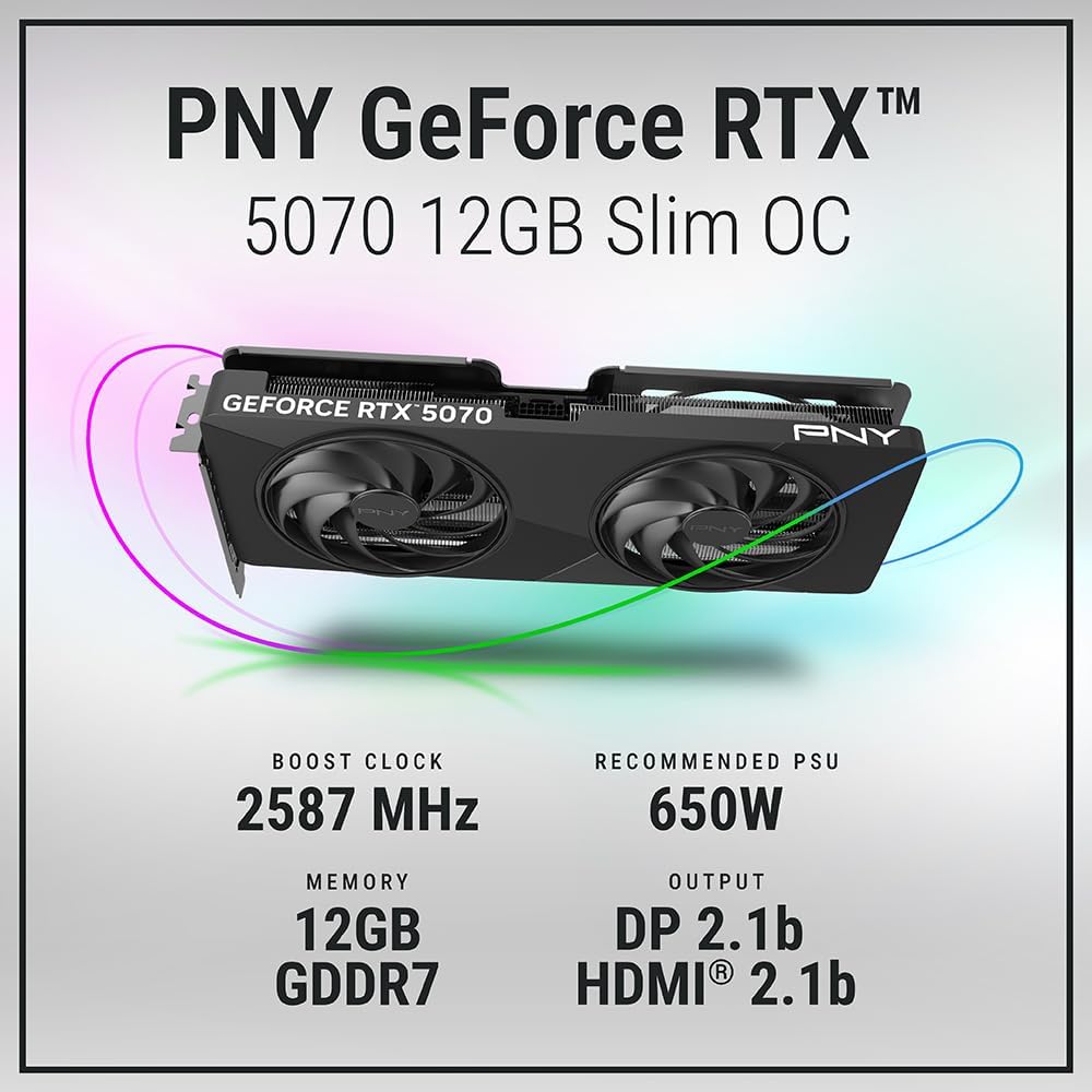 PNY NVIDIA GeForce RTX™ 5070 Slim Dual-Fan, Dual-Slot OC Graphics Card (12GB GDDR7, SFF-Ready, 192-bit, Boost Speed: 2587 MHz, PCIe® 5.0, HDMI®/DP 2.1, NVIDIA Blackwell Architecture, DLSS 4.5)